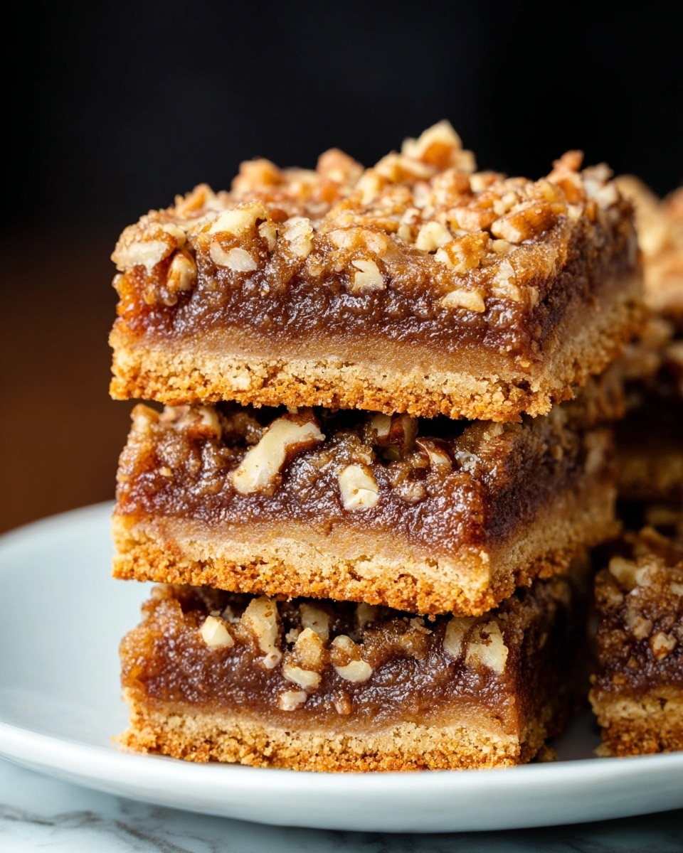 A close-up of a stack of four square dessert bars on a white plate, placed on a white marbled surface. Each bar has two layers: the bottom layer is a golden brown, crumbly cookie crust with a rough texture, and the top layer is a thick, rich brown filling mixed with chopped nuts, adding a chunky texture. The filling appears slightly sticky and dense, with uneven pieces of nuts embedded on top and inside. The background is dark and blurred, making the bars the main focus. photo taken with an iphone --ar 4:5 --v 7