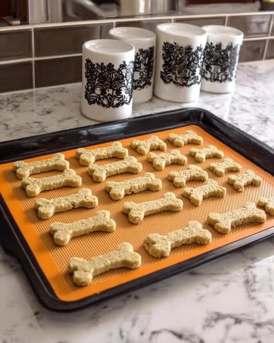 The image shows a black baking tray with an orange silicone mat placed on a white marbled countertop. On the mat, there are 24 bone-shaped dough pieces arranged in neat rows, with 12 larger bones on the left side and 12 smaller bones on the right side. The dough has a rough texture and a light beige color. In the background, there are three white containers with black decorative holders, sitting on the same white marbled surface. Photo taken with an iphone --ar 4:5 --v 7