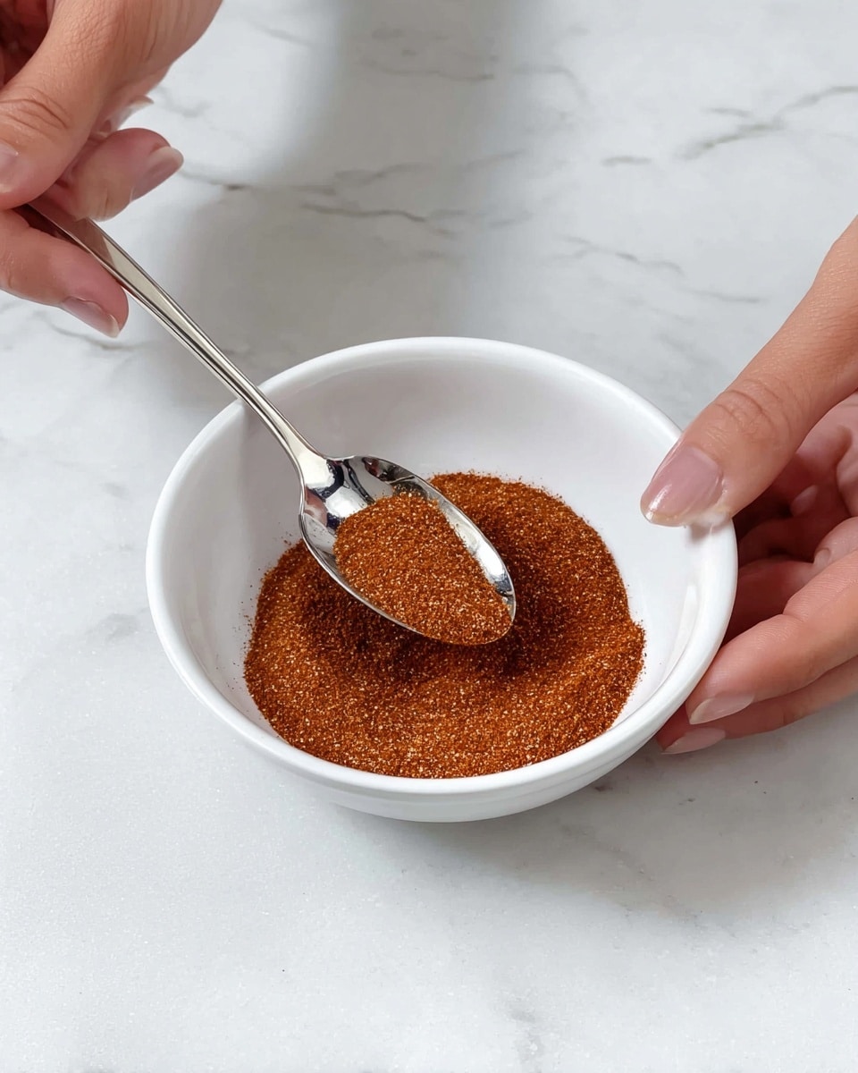 A small white bowl sits on a white marbled surface, filled with a single layer of fine, reddish-brown powder that looks like spice mix covering the bowl bottom evenly. A woman's hand holds the bowl steady on the right side, while another woman's hand holds a silver spoon scooping some of the spice from the bowl. The scene is bright and clear, focusing closely on the bowl and hands. photo taken with an iphone --ar 4:5 --v 7