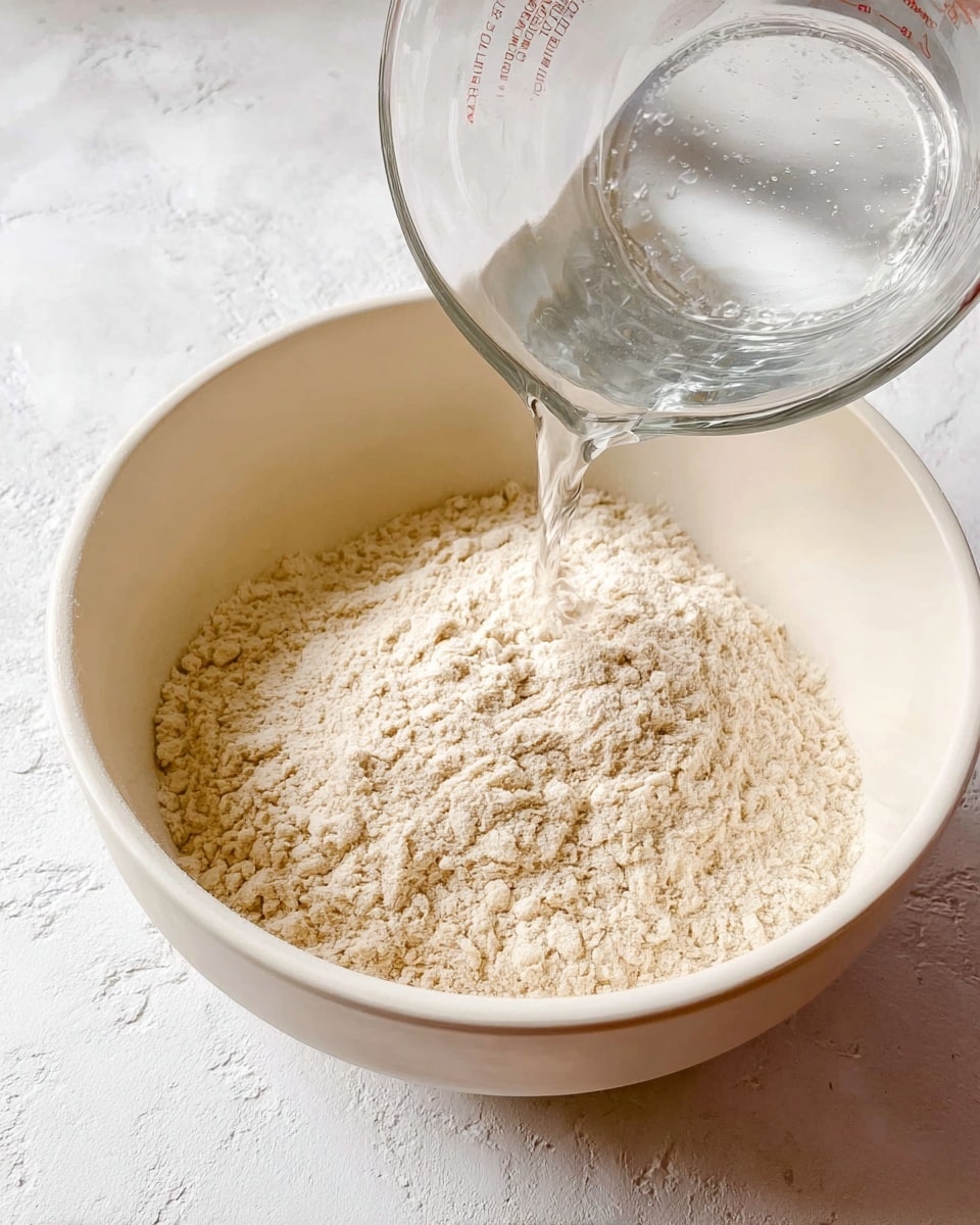 A white bowl filled with light tan flour is shown with a clear glass measuring cup pouring water into it from the top left corner. The bowl sits on a white marbled textured surface with soft shadows around it. The flour looks powdery and uneven across the bottom of the bowl. photo taken with an iphone --ar 4:5 --v 7