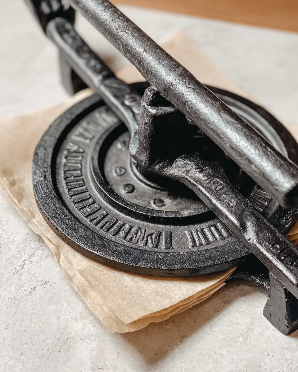 The image shows a close-up of a black cast iron tortilla press resting on a white marbled surface. The press has a round shape with raised sections and text on its top surface. There is a long handle across the center of the press, angled upwards, and light beige parchment paper is placed between the two halves of the press. The background is softly blurred, emphasizing the detailed texture of the cast iron. photo taken with an iphone --ar 4:5 --v 7