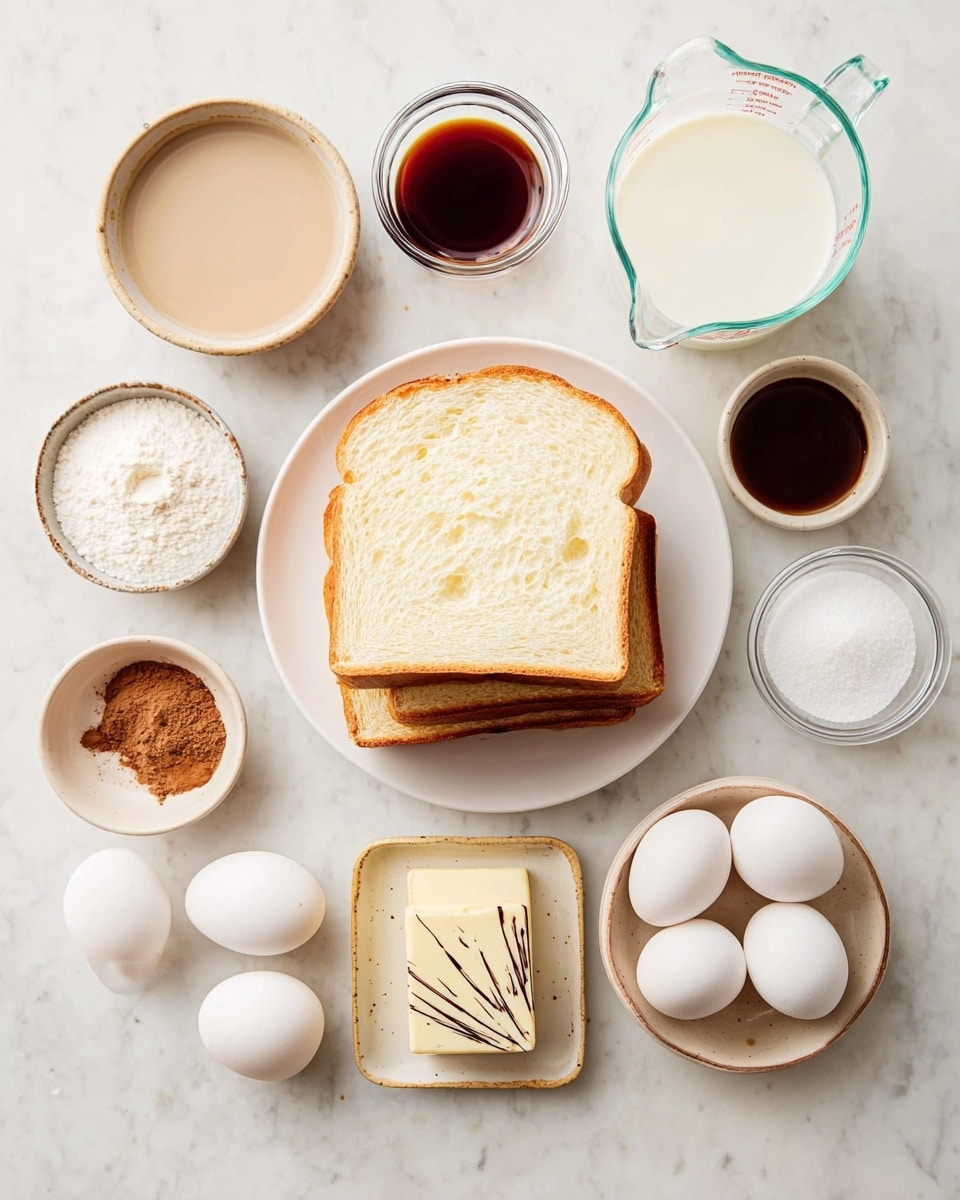 The image shows two thick slices of white bread stacked on a white plate in the center, surrounded by small bowls with ingredients on a white marbled surface. From top left corner moving clockwise, there is a beige bowl with dark brown liquid, a glass bowl with white creamy liquid, a clear measuring jug filled with milk, a small beige bowl with white sugar, a white plate with brown cinnamon and white powder, a small beige bowl with dark brown vanilla liquid, a small beige plate holding a square piece of butter with black lines design, and a white dish with four white eggs. photo taken with an iphone --ar 4:5 --v 7