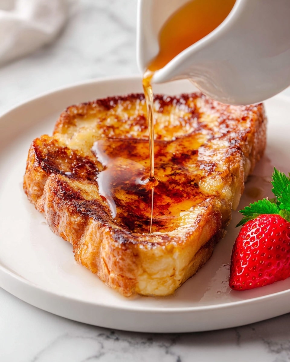 A thick slice of golden brown French toast with a shiny, caramelized crust sits on a white plate. A stream of amber syrup is being poured from a white pitcher onto the toast’s center, spreading glossy layers of syrup over the warm surface. A bright red strawberry with green leaves rests near the edge of the plate. The plate is placed on a white marbled surface. Photo taken with an iphone --ar 4:5 --v 7