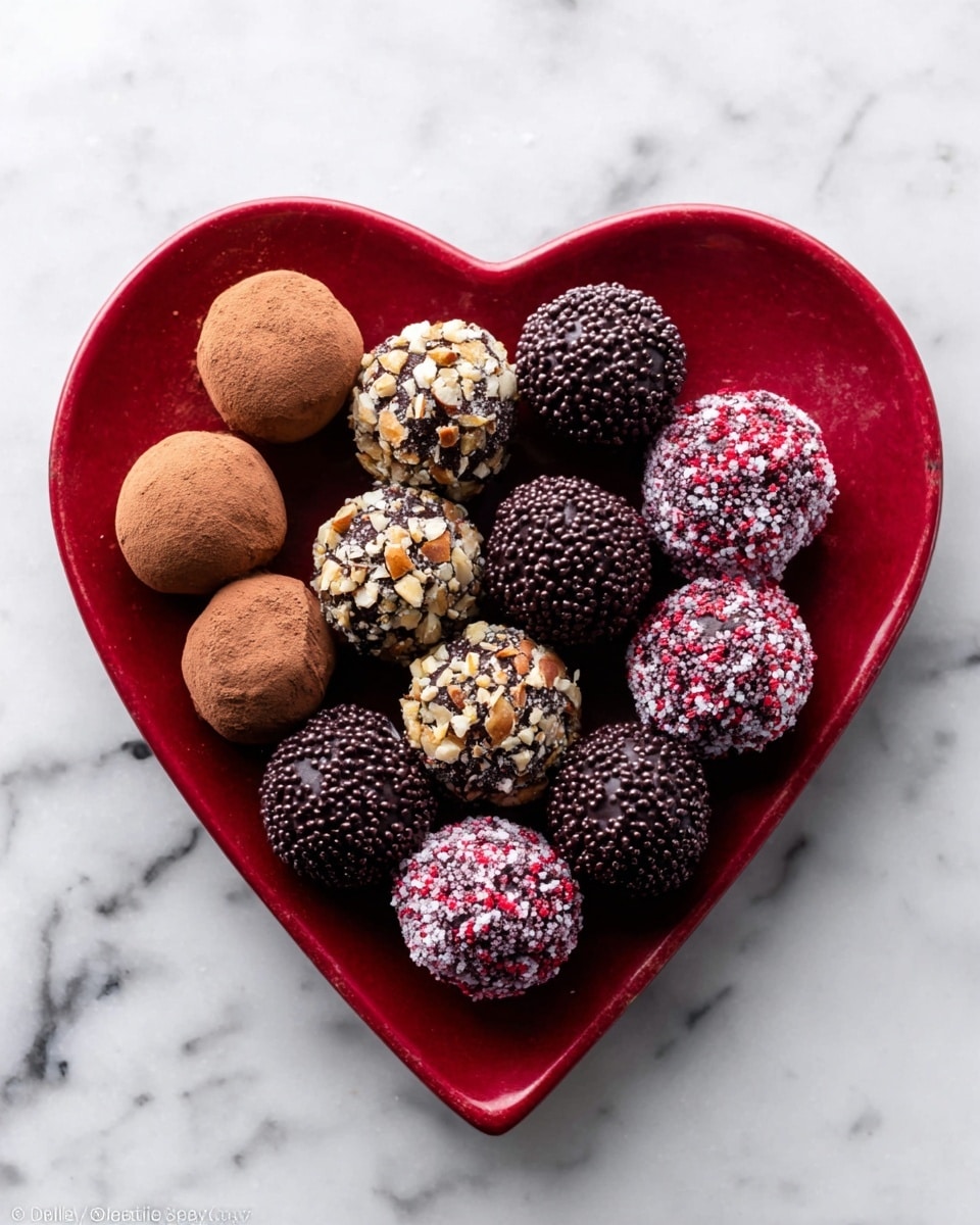 A heart-shaped red plate is filled with round chocolate truffles in four different styles arranged in no strict order. There are plain truffles dusted with light brown cocoa powder, dark chocolate truffles covered with shiny chocolate sprinkles, truffles coated in light nut pieces giving a rough texture, and truffles covered with red and white sugar crystals. The plate is set on a white marbled surface. photo taken with an iphone --ar 4:5 --v 7