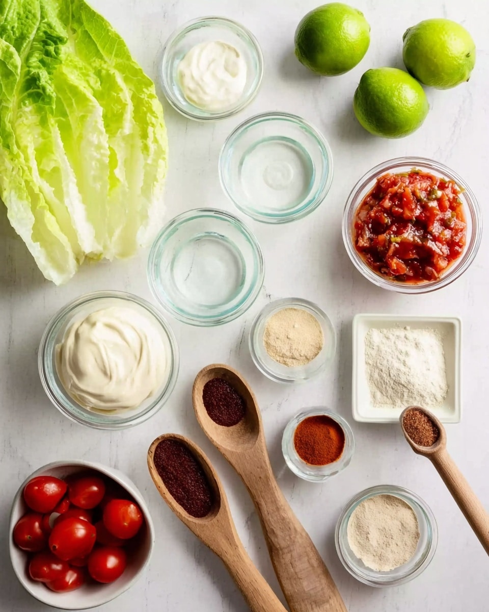 The image shows a top view of various fresh ingredients arranged neatly on a white marbled surface. There are five clear glass bowls placed in a loose circle holding creamy white mayo, clear liquid, white powder, smooth white liquid, and red salsa with chunks. To the left, a bright green leafy lettuce lays vertically, while a small white bowl filled with red cherry tomatoes sits in the bottom left corner. Three wooden measuring spoons with dark red, light brown, and reddish powders lie horizontally beside three small white bowls holding light beige and off-white powders, along with one empty small white square dish. Two fresh green limes rest on the right side, with two wooden spoons positioned near the top right corner. A woman’s hand is gently holding one of the wooden measuring spoons at the bottom center. The overall arrangement is clean and color balanced with a mix of vibrant greens, reds, and natural wood textures. photo taken with an iphone --ar 4:5 --v 7