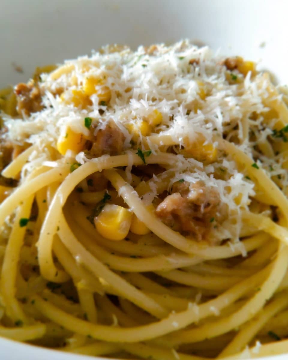 A close-up view of a white bowl filled with spaghetti pasta mixed with small chunks of light brown meat and corn kernels, topped with a layer of finely shredded pale yellow cheese scattered unevenly over the noodles. The spaghetti strands show a soft and glossy texture with some herbs mixed in, and the photo is taken with a white marbled surface as the background. Photo taken with an iphone --ar 4:5 --v 7
