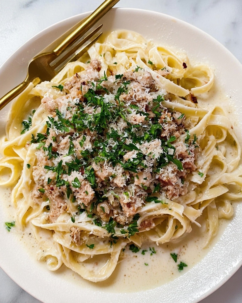 A white plate filled with a round serving of long flat pasta noodles in a light creamy sauce that pools slightly around the edges. On top of the noodles, there is a thick layer of finely chopped cooked meat mixed with a sprinkling of fresh green herbs. The meat mixture is covered with a generous dusting of grated cheese that adds a crumbly texture. A gold fork rests on the upper left edge of the plate, and the whole setting is on a white marbled surface. photo taken with an iphone --ar 4:5 --v 7