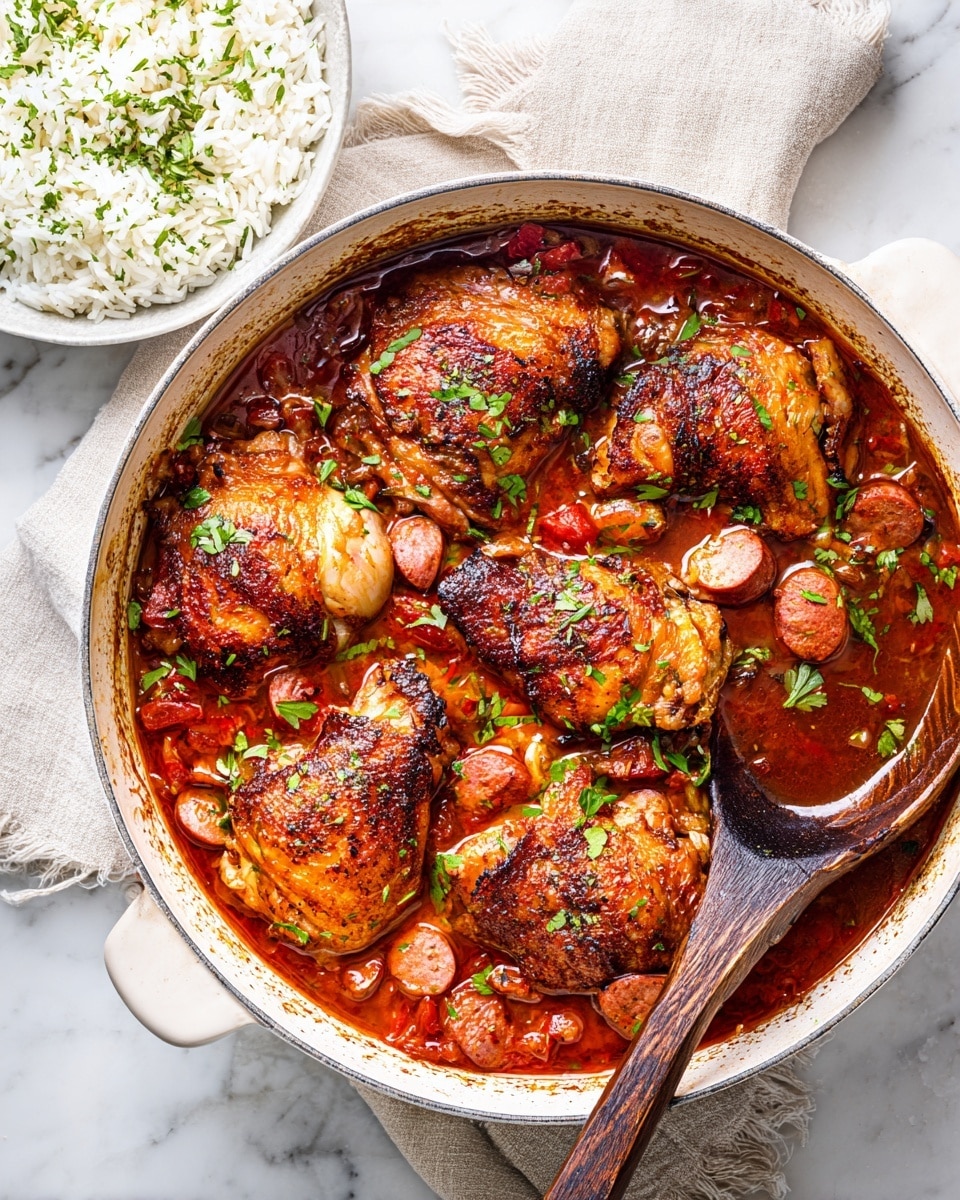 A white round pot filled with six browned chicken pieces resting on a thick, deep red tomato sauce with visible chunks of sausage slices and small diced vegetables like celery and tomatoes. The chicken skin is crispy and lightly charred in some areas, with green garnishes scattered over the top. A wooden spoon with darkened edges lies on the right side of the pot, slightly dipping into the sauce. The pot is placed on a light beige cloth on a white marbled surface. In the upper part of the image, part of a white bowl filled with white rice sprinkled with green herbs is visible. Photo taken with an iphone --ar 4:5 --v 7