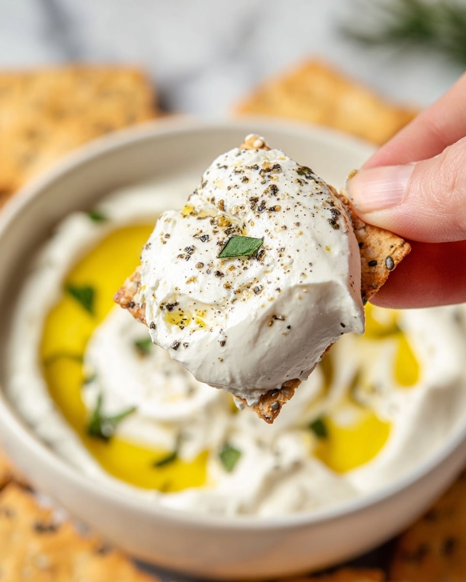 A shallow beige bowl filled with a thick, creamy white dip, swirled to create smooth peaks and dips, topped with small pieces of chopped green herbs, drizzles of golden olive oil, and scattered cracked black pepper. Around the bowl, square seed crackers with a golden brown, slightly toasted texture lie on a white marbled surface. At the top right, a partially peeled garlic bulb rests next to the crackers. A small white bowl with whole black peppercorns sits in the top left, with some peppercorns spilled around it. The bottom right shows a wooden board with two crackers topped with a dollop of the same creamy dip, speckled with cracked pepper. A yellow cloth peeks in from the bottom left corner. Photo taken with an iphone --ar 4:5 --v 7