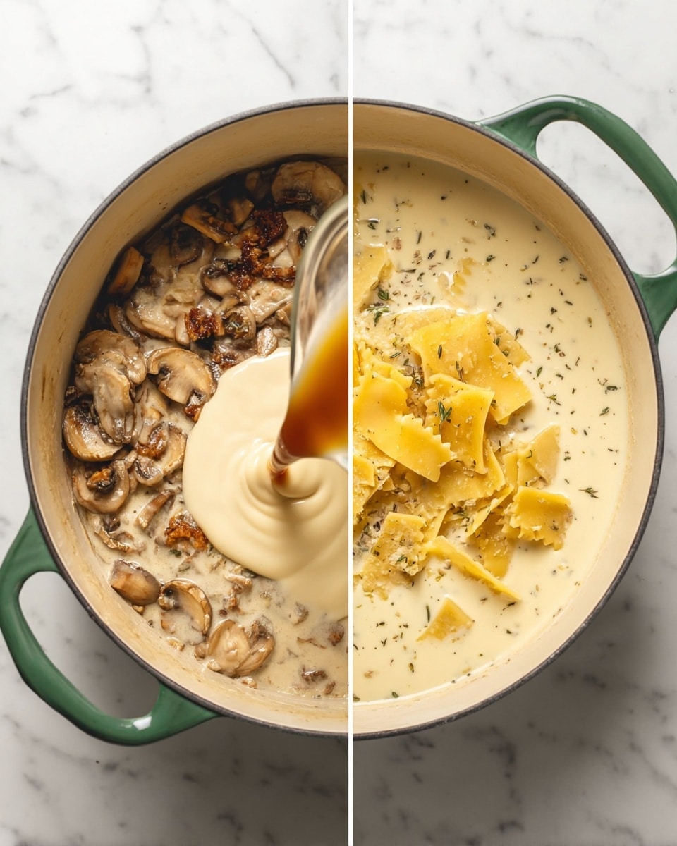 A green pot with a cream inside is shown in two parts: on the left, sliced mushrooms browned and mixed with a brown liquid being poured over them, resting inside the pot on a white marbled surface; on the right, a creamy white liquid fills the pot with herbs visible on the surface, and broken yellow lasagna noodles placed on top. photo taken with an iphone --ar 4:5 --v 7