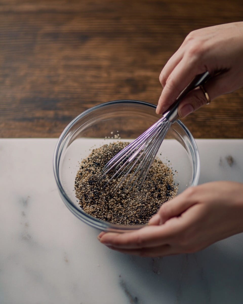 A close-up view shows a woman's hands holding a clear glass bowl filled with a mixture of small brown and black seeds or grains. Inside the bowl, a silver metal whisk is stirring the mixture, creating a pattern of dots and specks. The bowl is placed on a smooth white marbled surface, and the woman's fingers gently grip the bowl's edges. The lighting is soft, highlighting the textures of the seeds and the shiny metal whisk. photo taken with an iphone --ar 4:5 --v 7