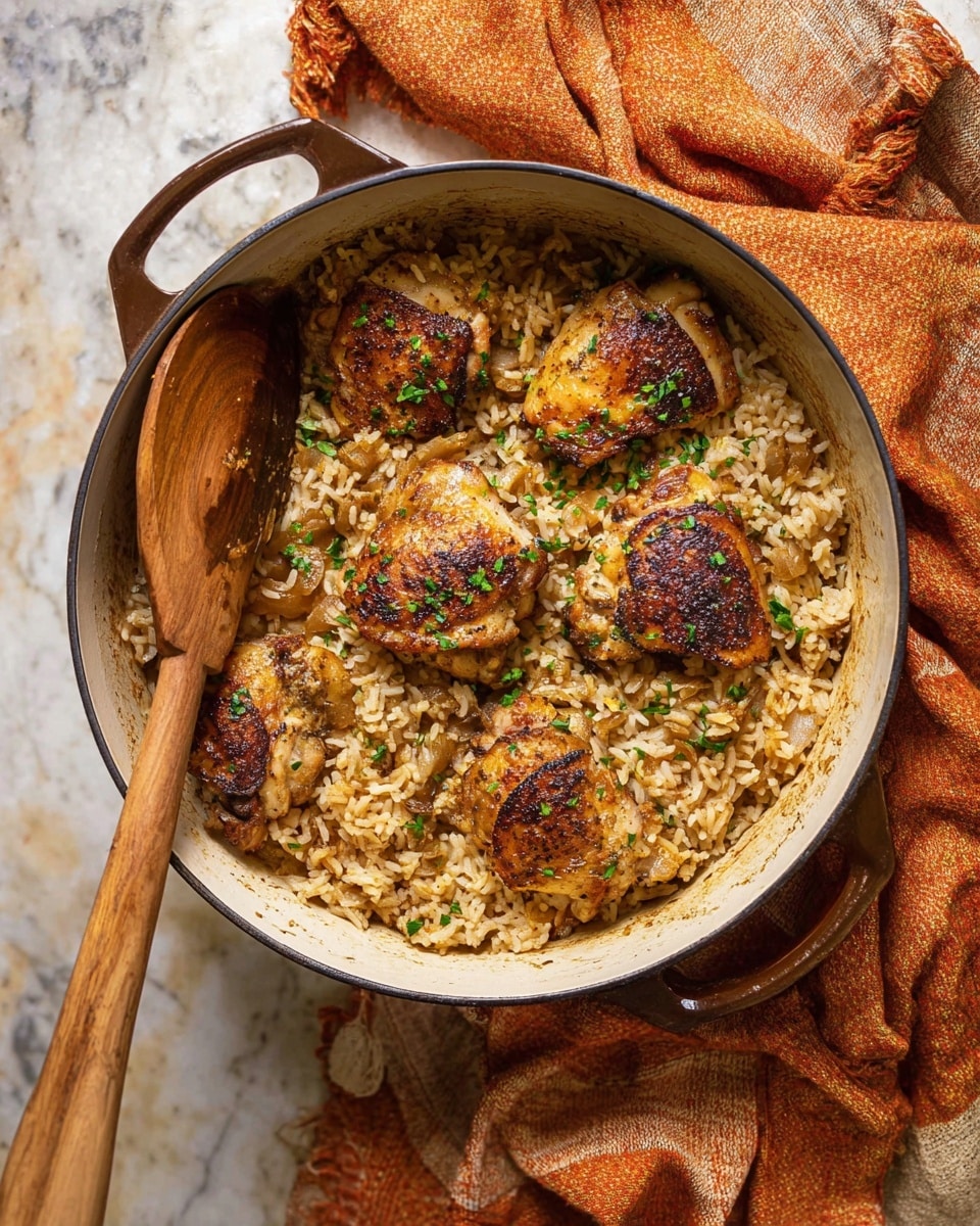 This image shows a white pot filled with cooked rice mixed with light brown cooked onions and herbs. On top of the rice, there are six pieces of browned cooked chicken, each piece showing a crispy, golden skin with some darker grilled marks. Some green chopped herbs are sprinkled across the chicken and rice, adding a touch of color. A wooden spoon is placed in the pot on the left side. The pot is sitting on a surface with a white marbled texture, and there are orange and cream textured cloths beside it. photo taken with an iphone --ar 4:5 --v 7