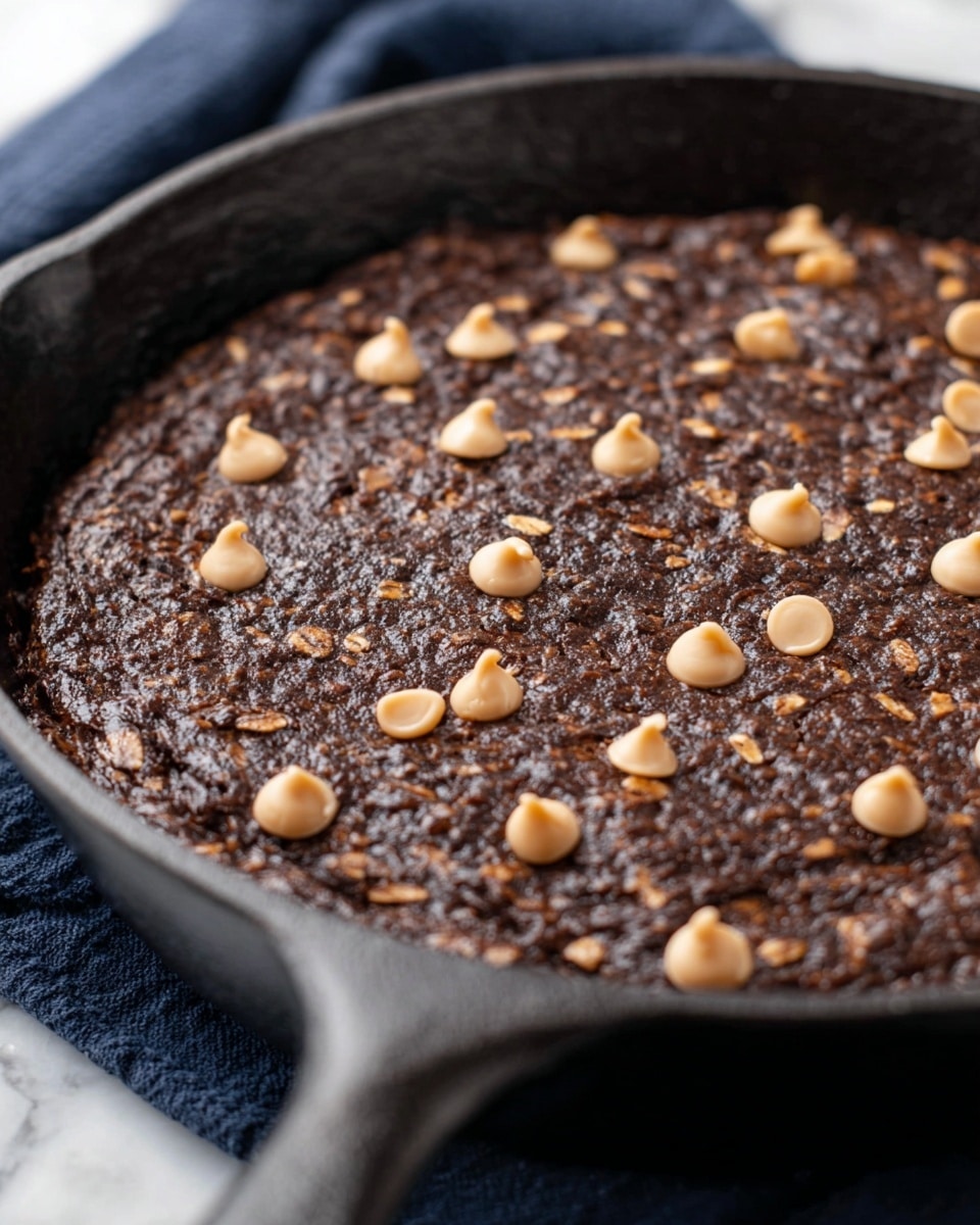 A close-up view of a dark brown, dense, textured baked dish in a black cast iron skillet. The surface is rough with visible oat pieces mixed in, and it is topped sparsely with small, round, light tan chocolate chips scattered unevenly. The skillet is placed on a white marbled surface with a hint of a dark cloth underneath. photo taken with an iphone --ar 4:5 --v 7