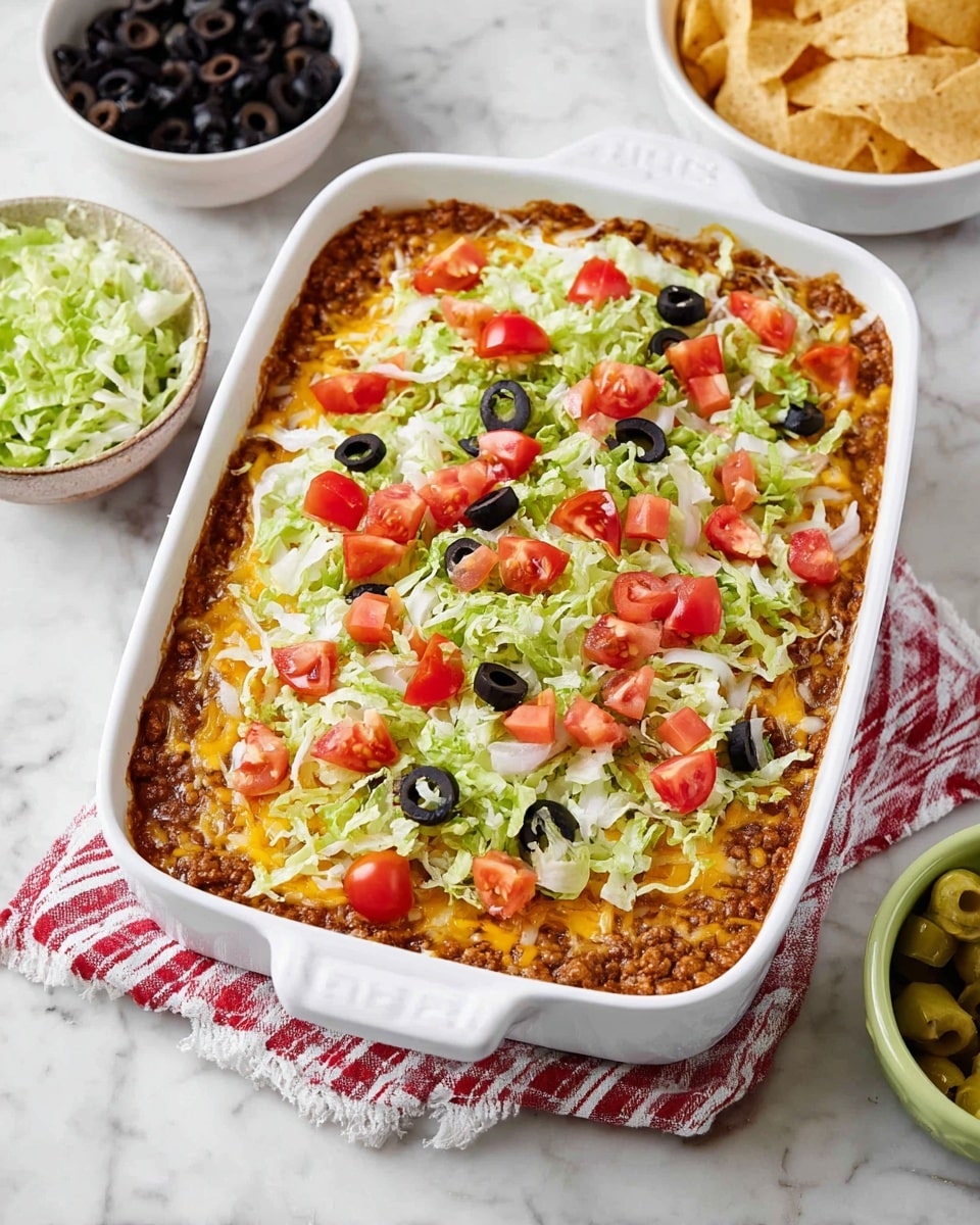 A white rectangular casserole dish filled with a layered baked taco casserole. The bottom layer is a browned, textured mix of seasoned ground meat and beans. On top is a melted layer of golden-yellow cheese, slightly browned at the edges. The casserole is covered with a fresh layer of shredded light green lettuce, scattered with small red diced tomatoes and black sliced olives. Around the dish on a white marbled surface, there is a white bowl of tortilla chips, a white bowl of black sliced olives, and a green bowl filled with more shredded lettuce, all placed near the top. A red and white striped cloth is under the casserole along one side. Photo taken with an iphone --ar 4:5 --v 7