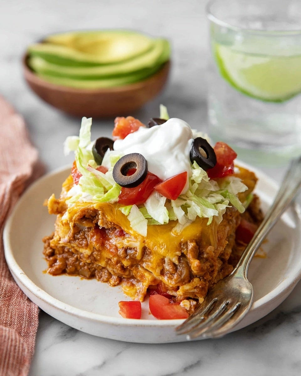 A layered dish on a white plate with a fork, showing four layers: the bottom is browned and cooked minced meat mixed with small pieces of tomato, layered with melted golden cheese on top, followed by thin shredded lettuce, and chunks of red tomato and black olive slices scattered on top. A thick white dollop of sour cream sits in the center of the dish. In the blurred background, there is a small bowl with fanned slices of green avocado and a clear glass of water with ice and a lime wedge, all set on a white marbled surface. Photo taken with an iphone --ar 4:5 --v 7
