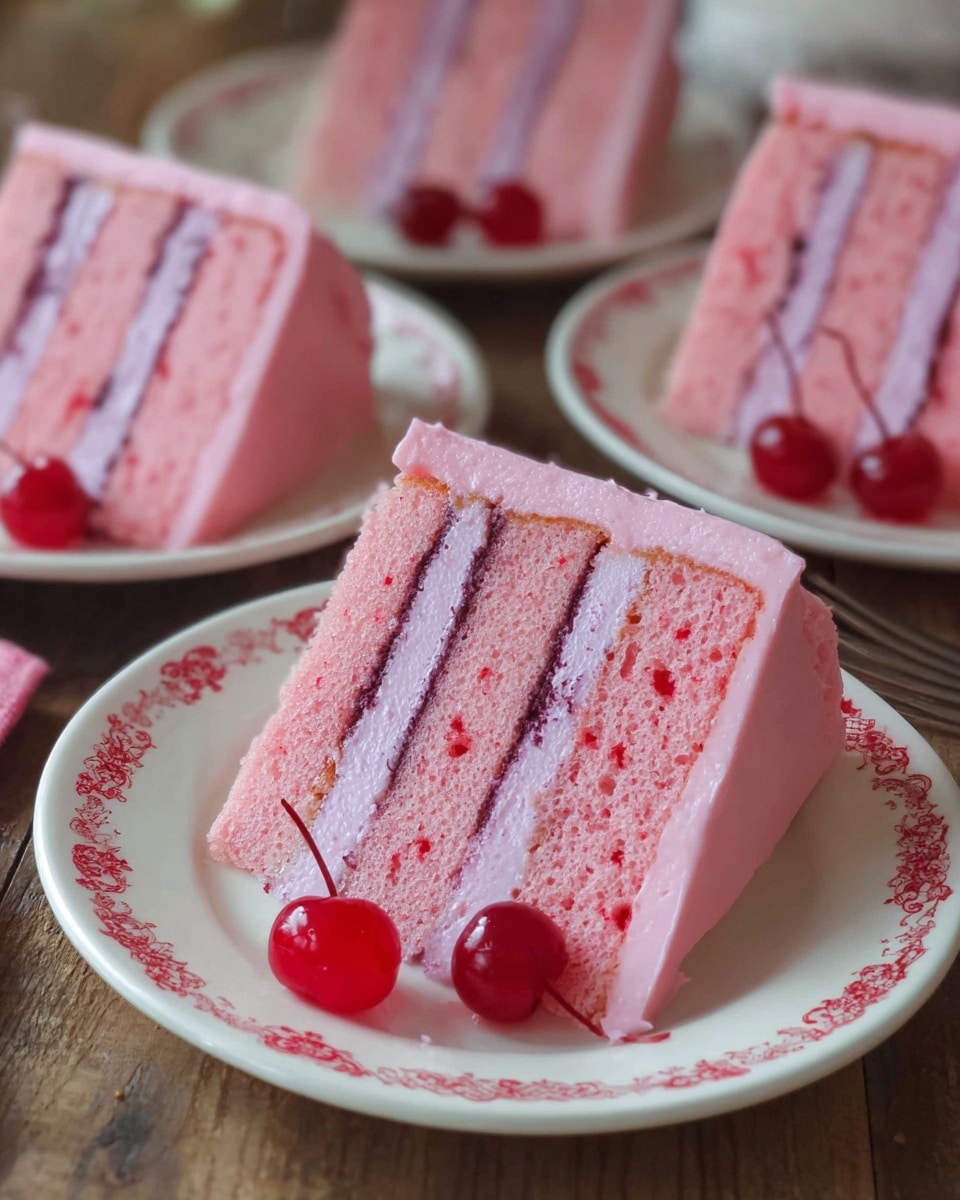 The image shows several slices of pink cake with three layers each, placed on white plates with delicate red patterns. Each cake slice has two thin white frosting layers inside and a thin purple layer in the middle, giving a nice contrast. The top and sides of the slices are covered with smooth light pink frosting. On the plate in the front, there are three bright red cherries next to the cake slice. The plates rest on a wooden surface that is softly blurred in the background. The lighting is natural and soft, making the pink colors look fresh and bright. photo taken with an iphone --ar 4:5 --v 7
