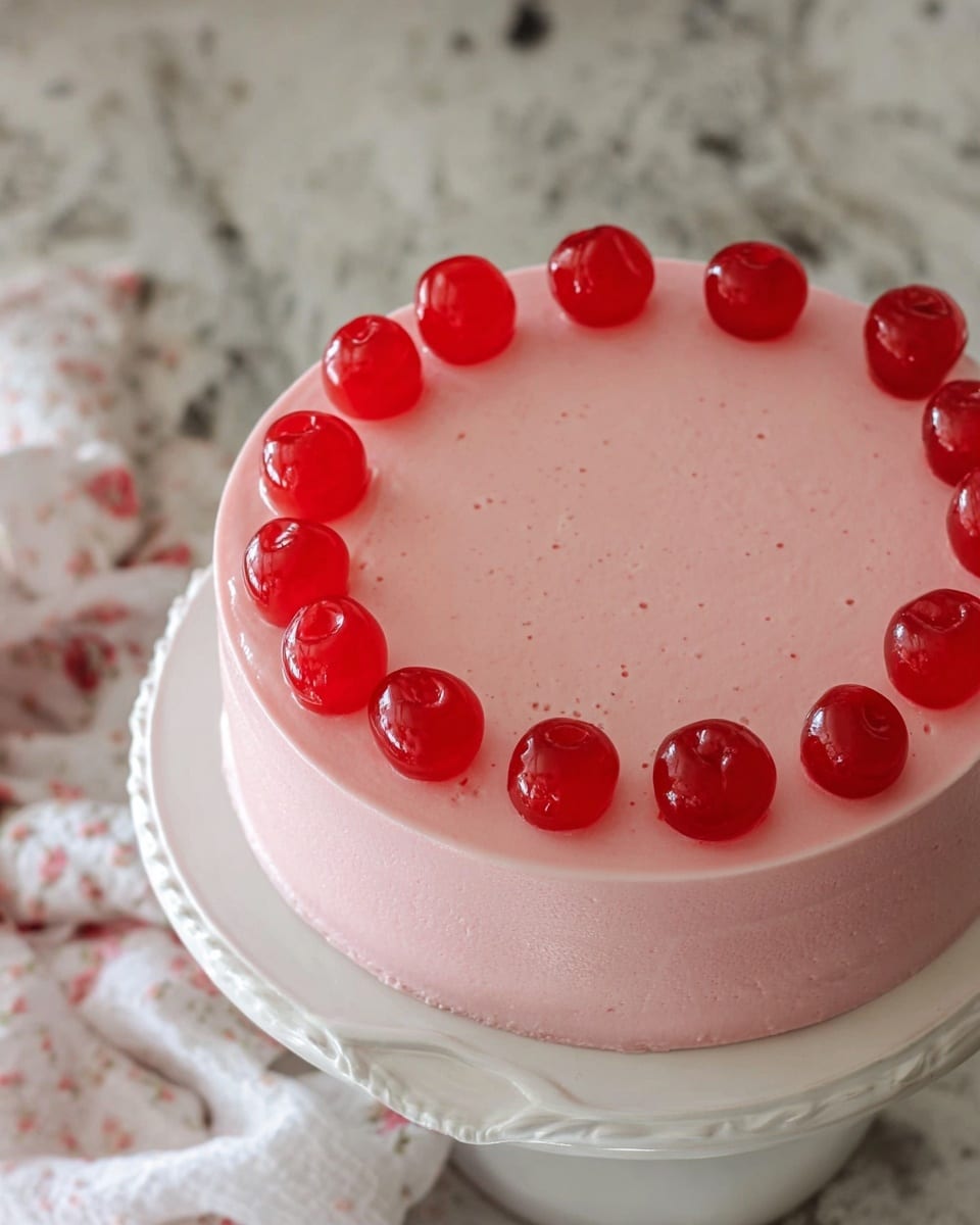 The image shows a round, smooth pink cake with a single layer, topped with a circle of shiny bright red cherries evenly spaced around the edge. The cake has a soft, creamy texture and is placed on a white cake stand. The background is a white marbled texture with a cloth draped softly to the side. Photo taken with an iphone --ar 4:5 --v 7