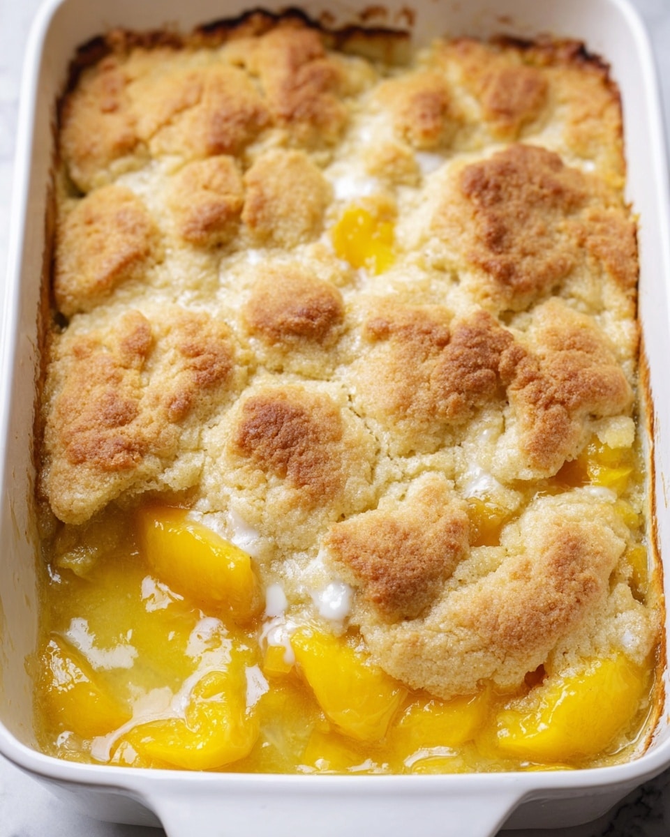This image shows a white rectangular baking dish filled with a peach cobbler. The top layer is golden brown with a slightly bumpy texture from baked dough. Underneath, there are bright yellow peach chunks mixed with a creamy, soft filling that looks moist and smooth. The edges of the dessert are browned and crispy, while the center shows juicy peaches and soft dough blending together. The dish rests on a white marbled surface. photo taken with an iphone --ar 4:5 --v 7