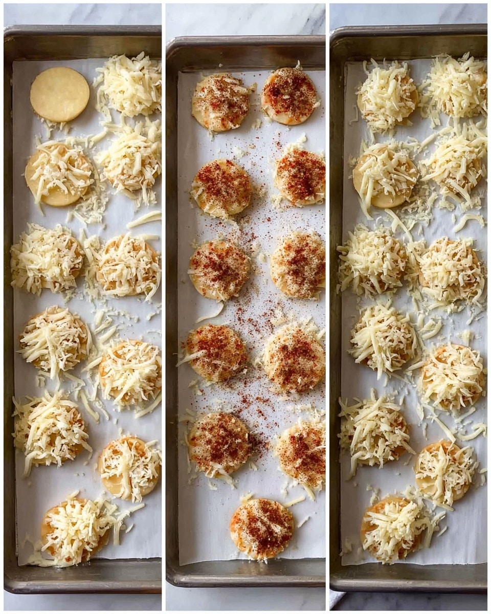 The image shows three stages of making small, round snack bites on a baking sheet lined with parchment paper on a white marbled surface. In the first stage (left panel), each bite starts with a base layer of thin, round, light golden-brown slices scattered unevenly, with a few loose shredded pale yellow cheese pieces under and around them. In the middle stage (middle panel), the slices are topped with a mix of seasonings including red powder and fine brown crumbs sprinkled evenly over each piece. In the third stage (right panel), each bite is fully covered with a thick, fluffy layer of shredded pale yellow cheese packed on top, creating a soft and textured mound. The baking sheet edges are metal and visible in the bottom part of the image. photo taken with an iphone --ar 4:5 --v 7