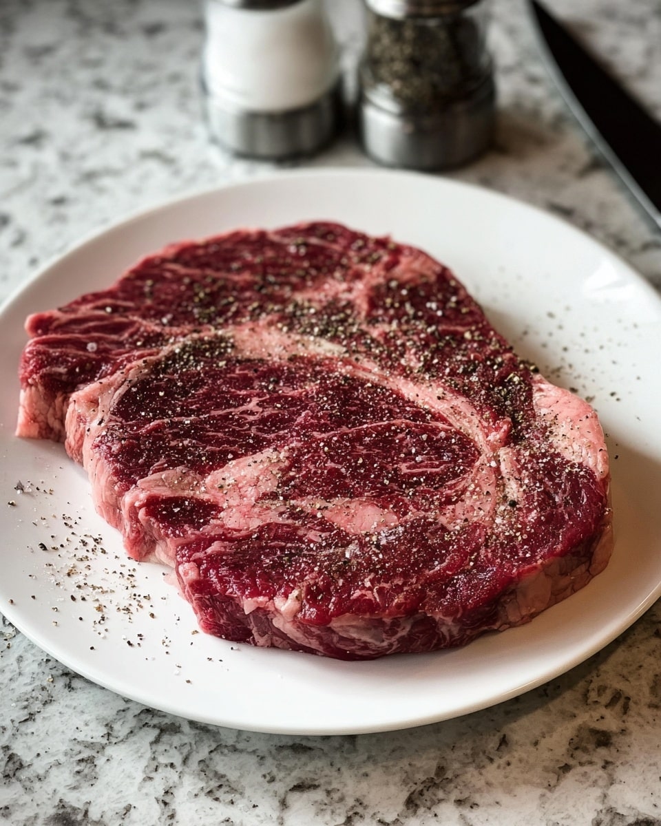 A thick raw steak with marbled white fat lines spread evenly throughout the deep red meat, placed flat on a white plate. The steak is sprinkled with coarse black pepper and salt, covering the surface with small dark specks. The plate sits on a white marbled surface, with salt and pepper shakers visible in the background. photo taken with an iphone --ar 4:5 --v 7