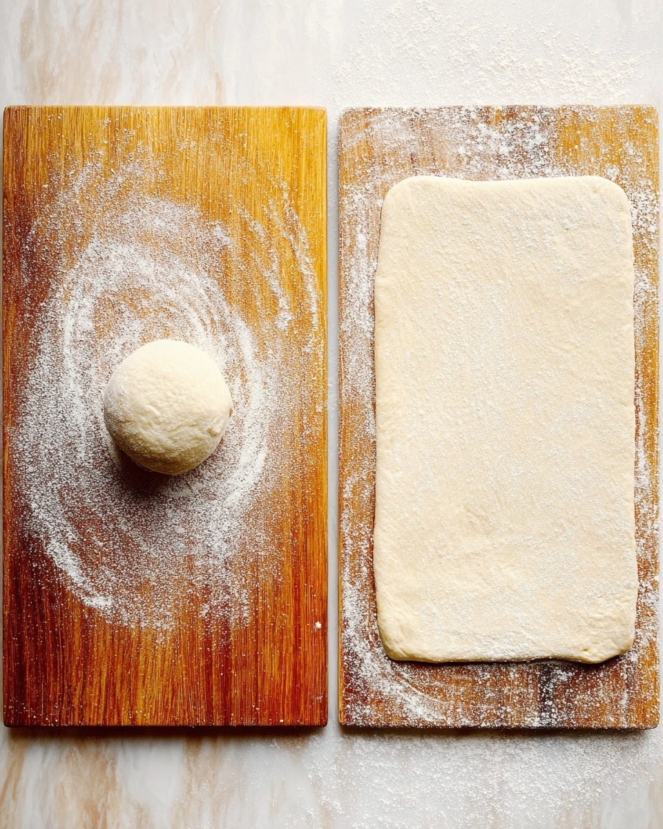 The image shows two wooden boards side by side on a white marbled surface. On the left, a small round ball of dough is covered with flour, surrounded by a dusting of flour spread all over the wooden board. On the right, the dough has been rolled out flat into a large rectangular shape with rounded edges, showing a smooth and even texture with a light dusting of flour on the wooden board underneath. The overall colors are warm wood tones contrasted with the pale beige dough and white flour. Photo taken with an iphone --ar 4:5 --v 7