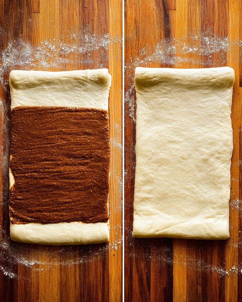 The image shows two side-by-side views of a rectangular dough on a wooden surface with a light dusting of flour. On the left, the dough is spread flat with the bottom half covered in a smooth, thick, dark brown layer of cinnamon filling, topped by the plain dough folded over from the top. On the right, the dough is fully folded over into a neat rectangle, hiding the cinnamon layer inside. The wooden surface has a warm, rich tone with visible grain, and the dough looks soft and slightly textured. Photo taken with an iphone --ar 4:5 --v 7