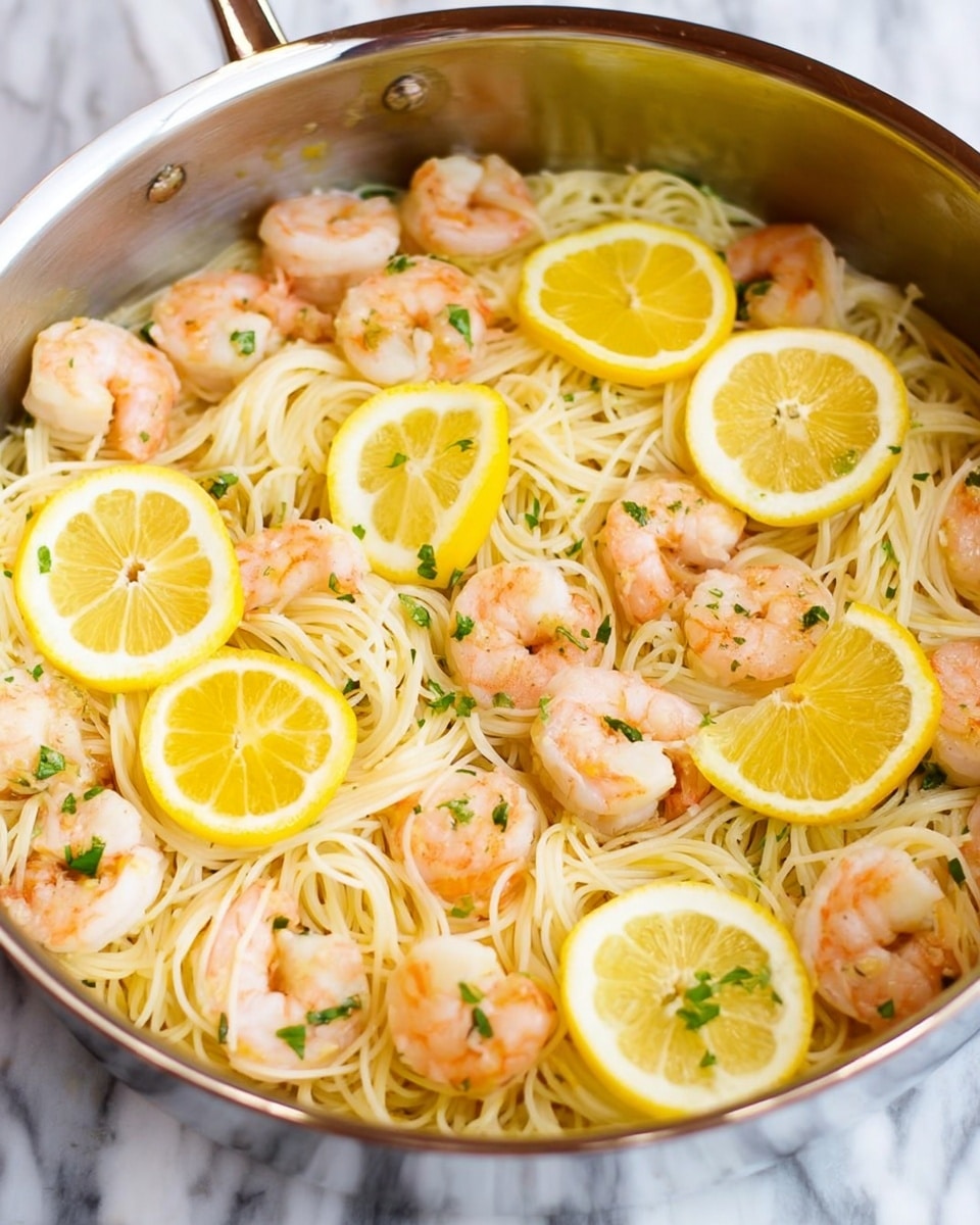 A close-up view of a silver pan filled with a dish that has a base layer of thin light yellow noodles spread evenly. On top, there are two layers of plump pink and white shrimp scattered around, showing their curled shapes. Interspersed with the shrimp are bright yellow lemon slices placed flat, revealing their juicy inner segments. Small pieces of green herbs are sprinkled across the dish, adding contrast to the warm colors. The pan is set on a white marbled surface that is visible around the edges. photo taken with an iphone --ar 4:5 --v 7