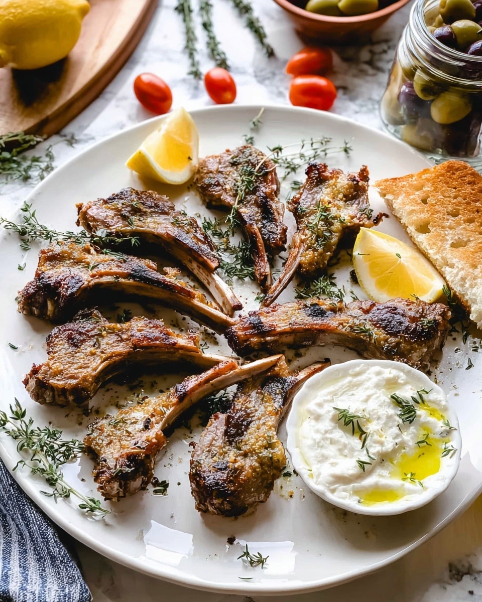 A large white plate holds eight grilled lamb chops with a golden brown color and a slight char on the edges, arranged in a ring with some fresh green thyme sprigs scattered on top and around them. Two yellow lemon wedges sit on opposite sides of the plate for a fresh touch. A small white bowl filled with creamy tzatziki sauce topped with olive oil and a sprig of dill is placed on the right side, next to a piece of crusty toasted bread. The plate rests on a white marbled surface with a glass jar of green olives and some small red tomatoes in the blurred background, creating a warm and inviting setting. Photo taken with an iphone --ar 4:5 --v 7