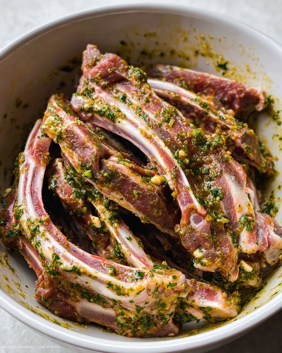The image shows several raw lamb ribs stacked in a white bowl. The ribs are coated with a green herb marinade that includes visible pieces of garlic and bits of seasoning spread unevenly on the meat and bones. The lamb ribs have a mix of pinkish-red meat and white bone that curves along the edges. The inside of the bowl has some green marinade stains from the seasoning. The bowl sits on a white marbled surface. photo taken with an iphone --ar 4:5 --v 7