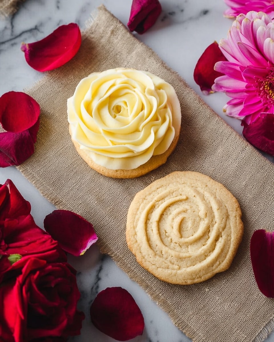 Two round cookies are placed on a textured beige cloth, set against a white marbled surface. The cookie on the left has two layers: the base is a light brown biscuit, and it is topped with a thick layer of pale yellow frosting shaped like a rose with detailed petals swirling inward. The cookie on the right is a single layer of beige crumbly dough, also designed like a rose with swirled ridges but without frosting. Around the cookies, there are scattered deep red rose petals and a few pink and red fresh flowers. photo taken with an iphone --ar 4:5 --v 7