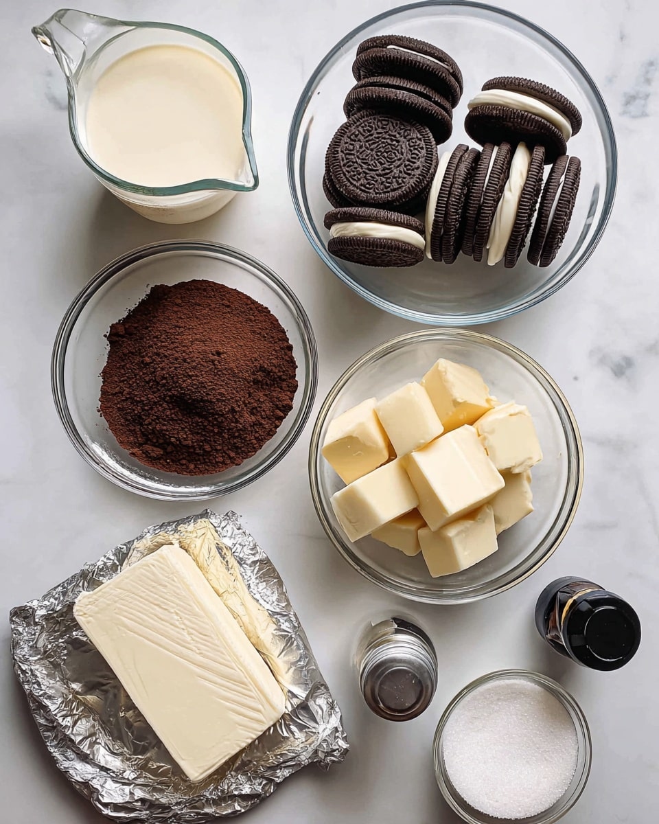 The image shows seven ingredients placed on a white marbled surface. Starting from the top left, there is a clear glass measuring cup filled with light cream. Next to it, a clear glass bowl holds about ten black sandwich cookies with white cream filling, standing upright. Beside that is another clear glass bowl containing a pile of dark brown cocoa powder. Below the cocoa, a clear glass bowl is filled with chunks of creamy white chocolate. To the right, another clear glass bowl holds two pieces of solid pale butter. On the bottom left, an unwrapped block of white cream cheese rests on its silver foil. Next to it is a smaller clear glass bowl filled with white granulated sugar. Lastly, a small dark bottle with a black cap sits on the far right, likely vanilla extract. The overall composition is neat, with a clean and bright look as the ingredients are well-separated and easy to distinguish. photo taken with an iphone --ar 4:5 --v 7