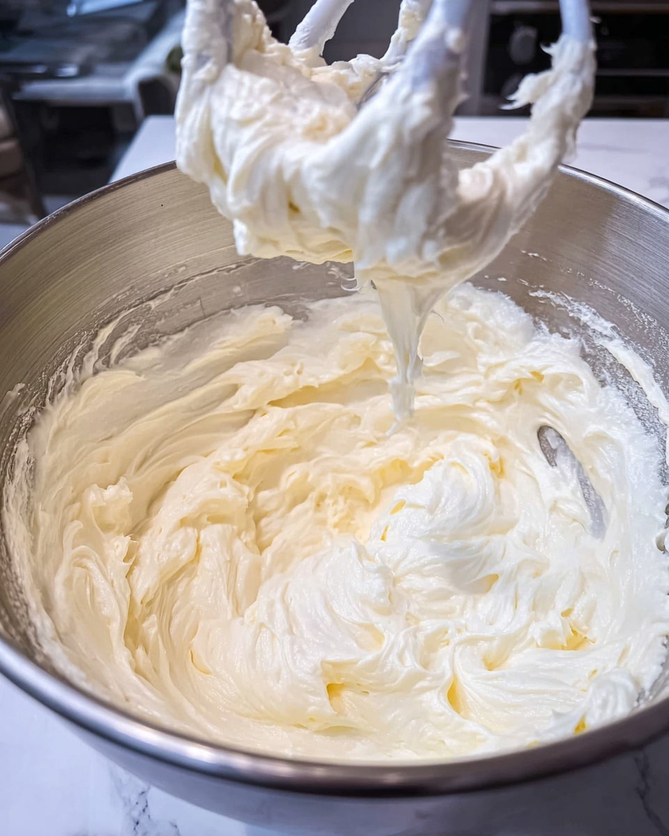 A close-up image shows a shiny metal mixing bowl filled with thick, creamy white batter with a few light yellow spots. A white mixer paddle, coated with the batter, is being lifted out of the bowl, displaying the smooth and fluffy texture of the mixture. The background is a white marbled surface with a blurred modern kitchen setting. photo taken with an iphone --ar 4:5 --v 7