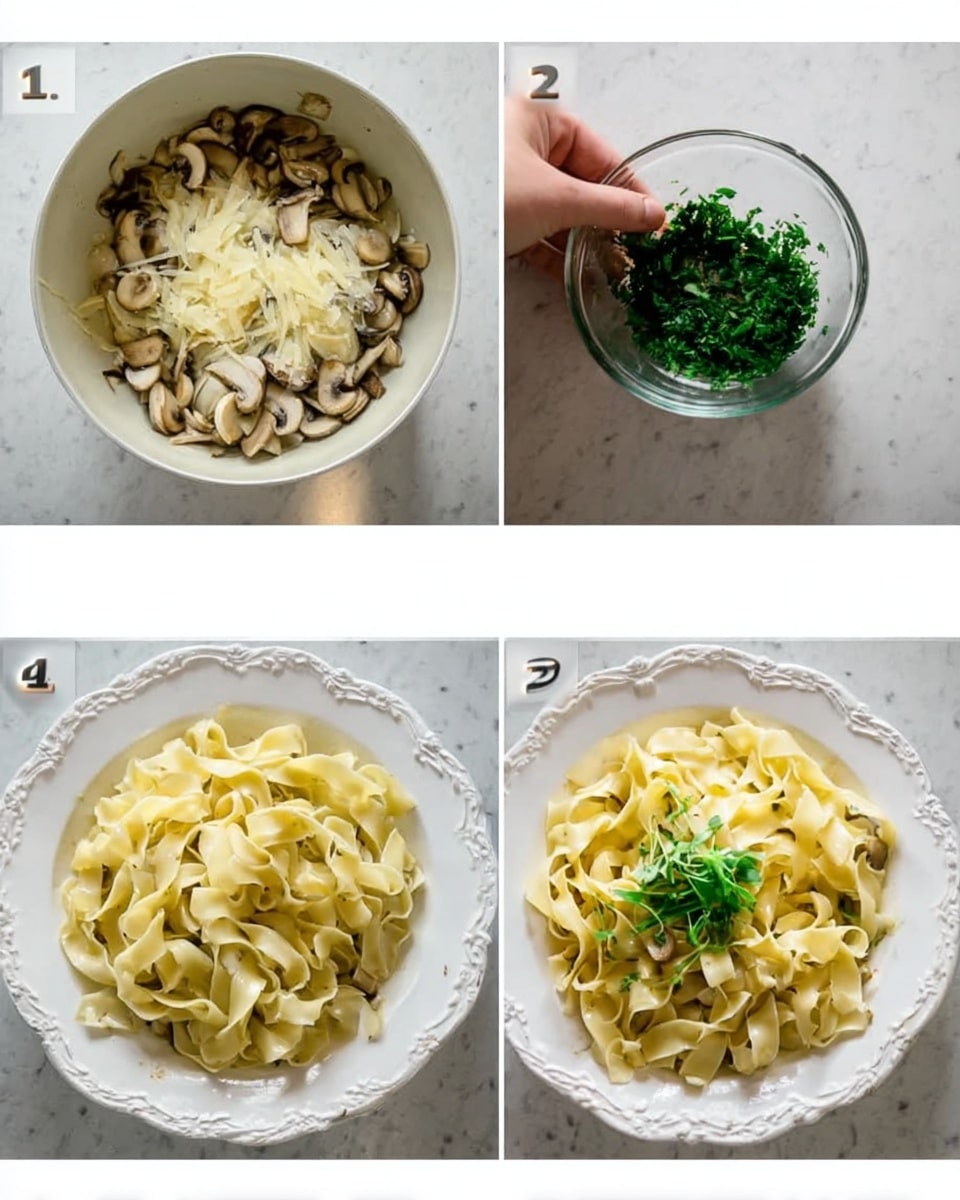 A white bowl contains wide, flat noodles cooking in boiling water with sliced mushrooms; the noodles are pale yellow and soft, mixed gently with the mushrooms floating around. In the next image, a woman's hand holds a small glass bowl filled with chopped green herbs above a white bowl filled with the cooked noodles and mushrooms, ready to be added. The final image shows the dish served on a white plate with decorative edges, the noodles and mushrooms arranged neatly, topped with a small sprig of fresh green herbs in the center, all set on a white marbled surface. Photo taken with an iphone --ar 4:5 --v 7