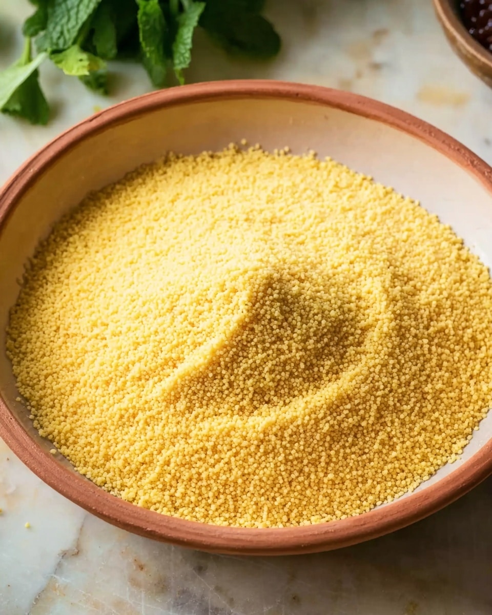A close-up image of a simple dish showing a single layer of fine, yellow couscous grains evenly spread in a round, white bowl. The texture of the couscous is soft and grainy, and it forms a small mound towards the center with gentle ridges in a spiral pattern. The bowl sits on a white marbled surface with some green herbs out of focus in the background. Photo taken with an iphone --ar 4:5 --v 7