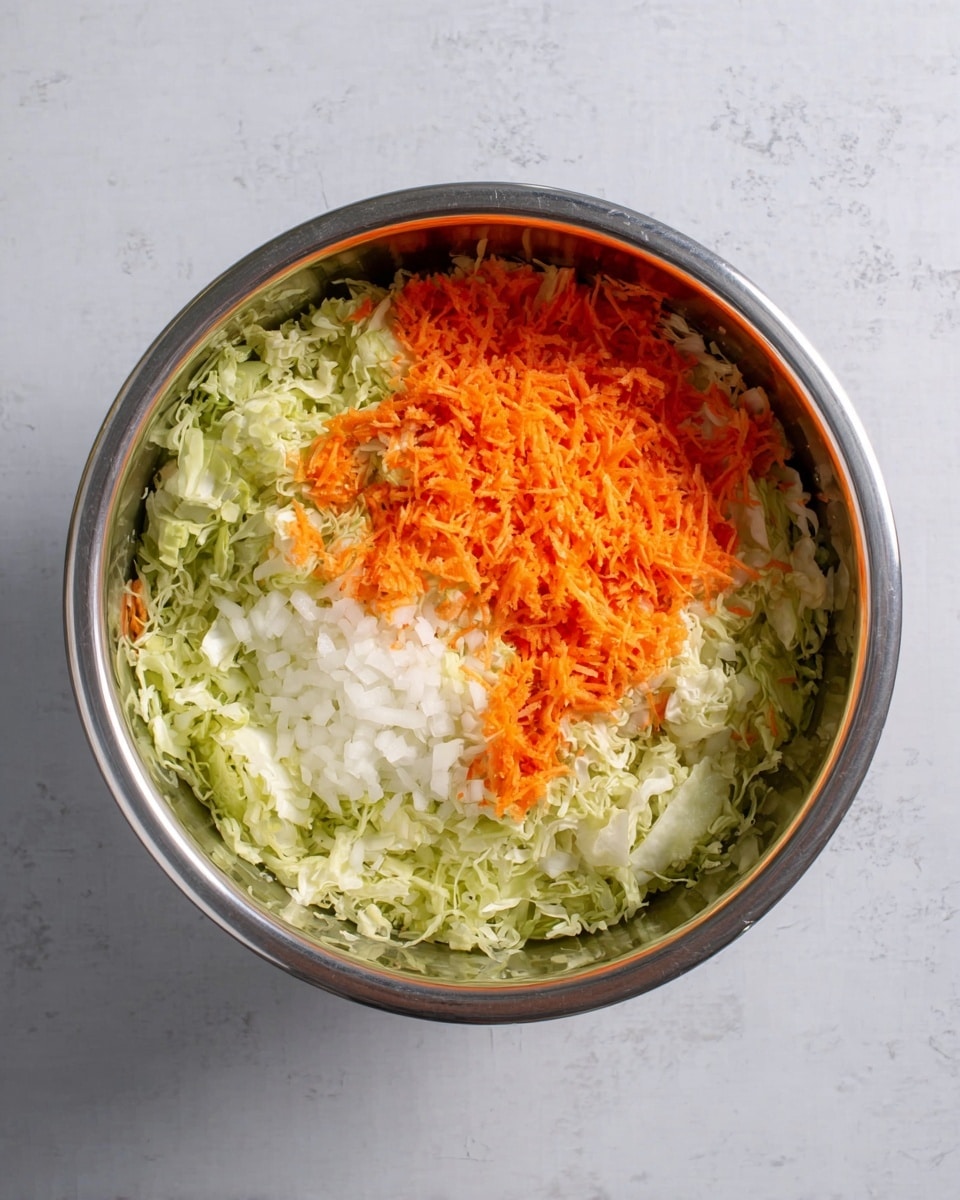 A shiny metal bowl filled with three layers of finely shredded vegetables placed on a white marbled surface: the largest base layer is pale green cabbage with a rough soft texture, topped on one side by a bright orange shredded carrot layer, with a smaller section of white shredded onion near the front. The layers are loosely piled and not mixed, showing clear separation of colors and textures. Photo taken with an iphone --ar 4:5 --v 7