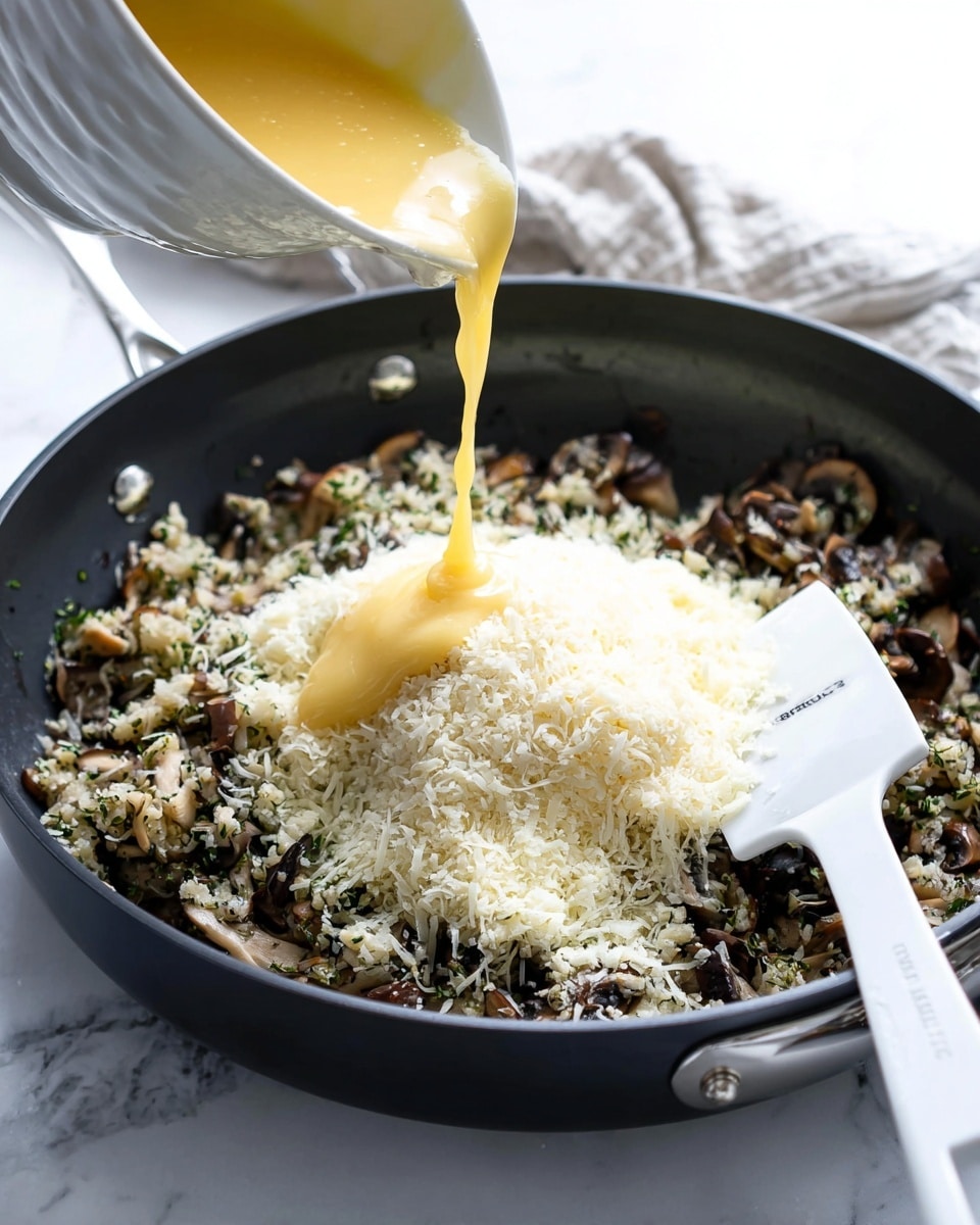 A close-up view of a black pan containing a mix of finely chopped cooked mushrooms and herbs as the base layer. On top of that is a heap of finely grated white cheese sitting in the center. A yellow liquid mixture is being poured from a white bowl into the pan, flowing over the cheese and mushrooms. A white spatula is resting inside the pan, partially touching the cheese layer. The scene is set on a white marbled surface with a blurred cloth in the background. Photo taken with an iphone --ar 4:5 --v 7