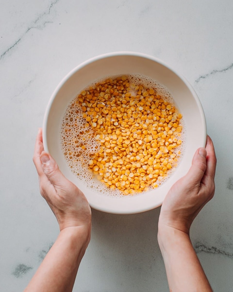 Inside a white bowl filled with water, two woman's hands are gently holding and soaking small, round yellow lentils. The lentils show a mix of yellow and orange shades with smooth textures, partially wet and submerged in the water. The surface under the bowl is a white marbled texture with faint gray veins. The lighting is soft, highlighting the lentils' color and the water bubbles foaming near the bowl's edge. photo taken with an iphone --ar 4:5 --v 7