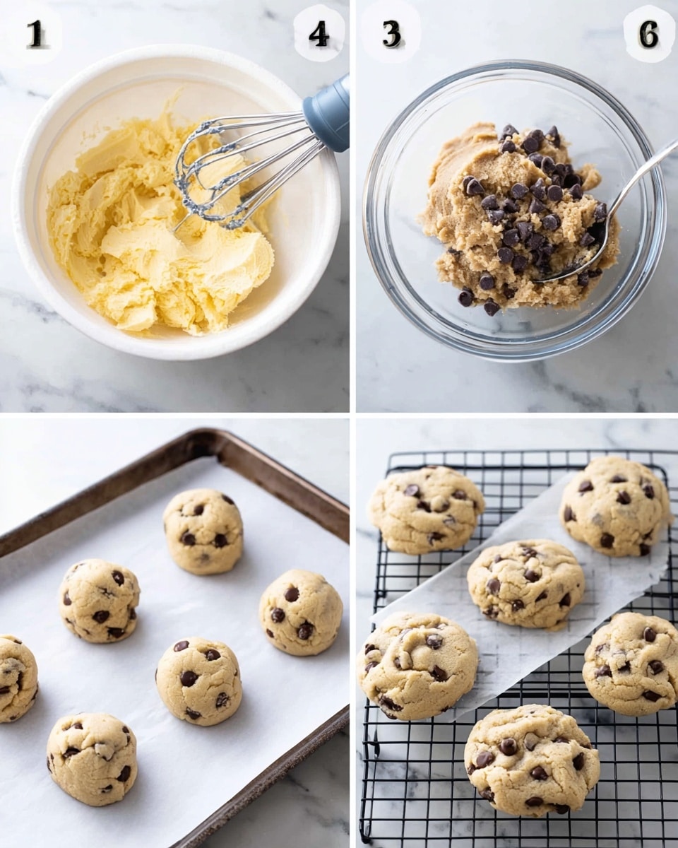 Four-part image showing chocolate chip cookie making stages: top left, light yellow soft dough mixing with a beater in a white bowl; top right, medium brown cookie dough with dark and milk chocolate chips on top with a spoon inside a clear bowl; bottom left, six small round dough balls with visible chocolate chips placed evenly on white parchment paper over a baking tray; bottom right, six golden brown baked cookies with melted dark chocolate chips on a black wire cooling rack, all set on a white marbled surface, photo taken with an iphone --ar 4:5 --v 7