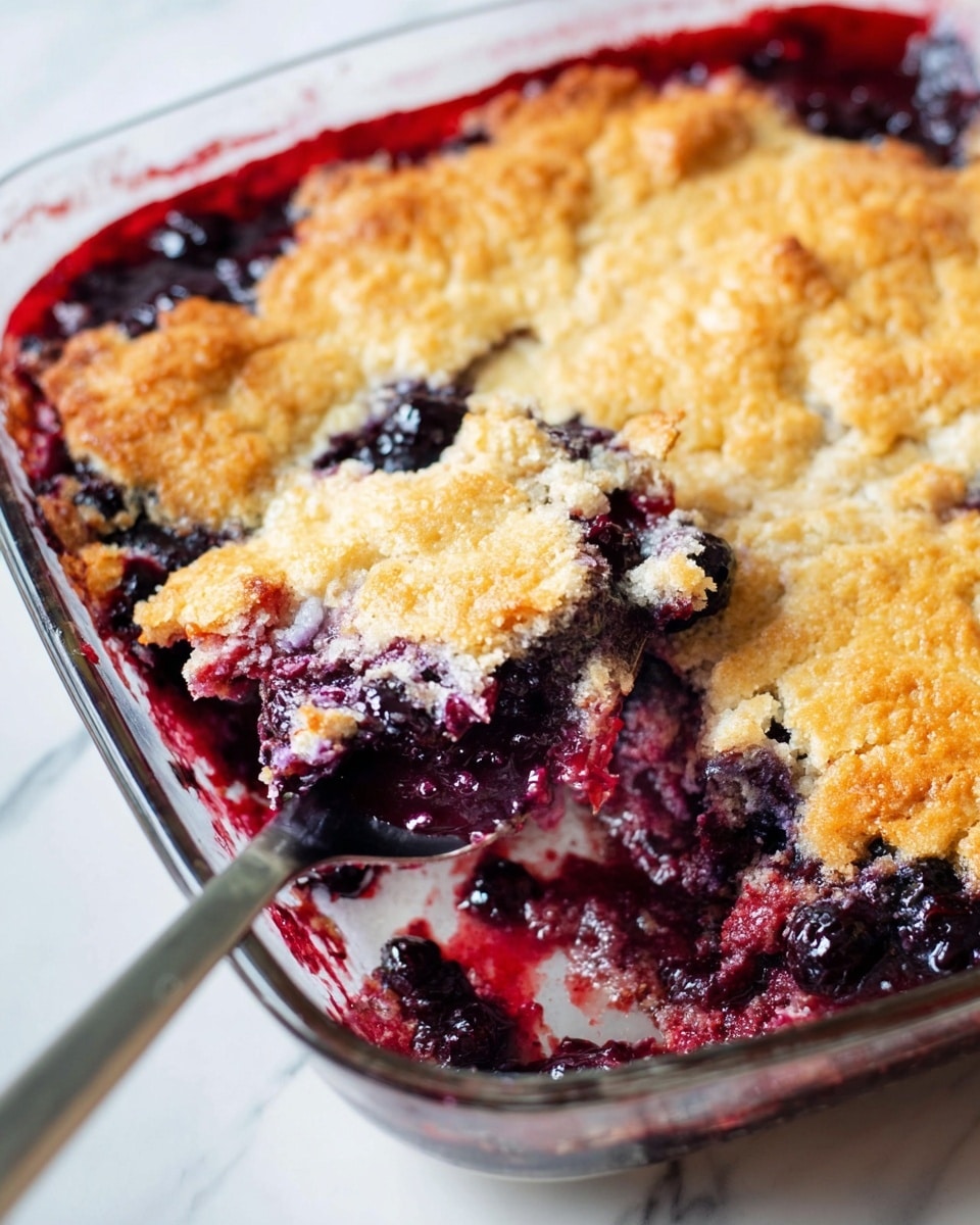 This image shows a close-up of a baked dessert in a glass dish, with a golden-brown crust on top that is slightly uneven and cracked. Underneath the crust, you can see a rich layer of deep purple and dark red mixed berry filling with visible whole berries and juices bubbling out around the edges. A metal spatula is partially lifting the dessert, showing the thick berry layer beneath the crust. The dish is placed on a surface with a white marbled texture. photo taken with an iphone --ar 4:5 --v 7