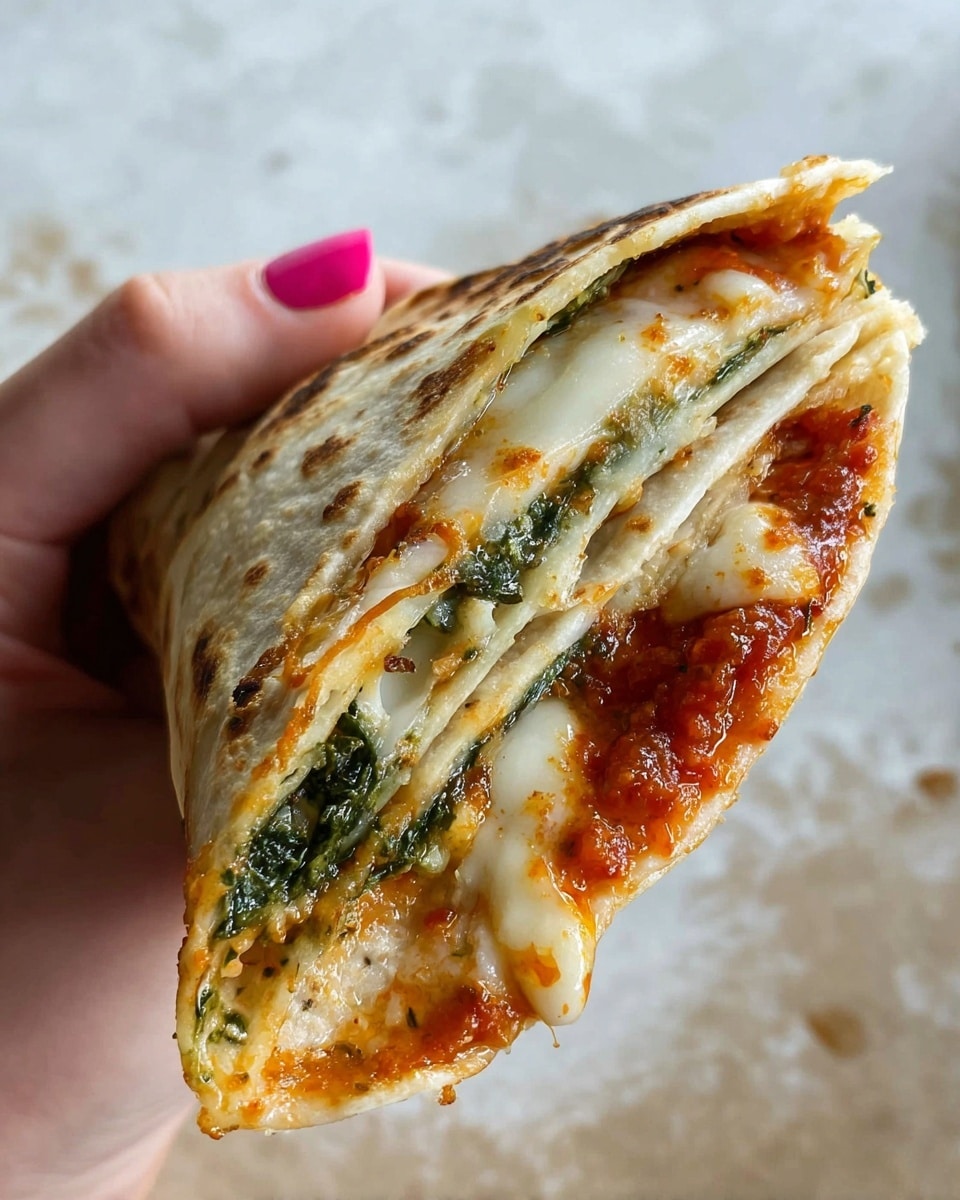A close-up of a folded tortilla held by a woman's hand with pink nail polish, showing three visible layers inside: a thin layer of melted white cheese with a slightly browned texture on top, a middle layer of bright red tomato sauce with herbs, and a bottom layer of dark green spinach or pesto. The outer tortilla is light golden with some brown spots and melted cheese edges. The background is a white marbled texture. photo taken with an iphone --ar 4:5 --v 7