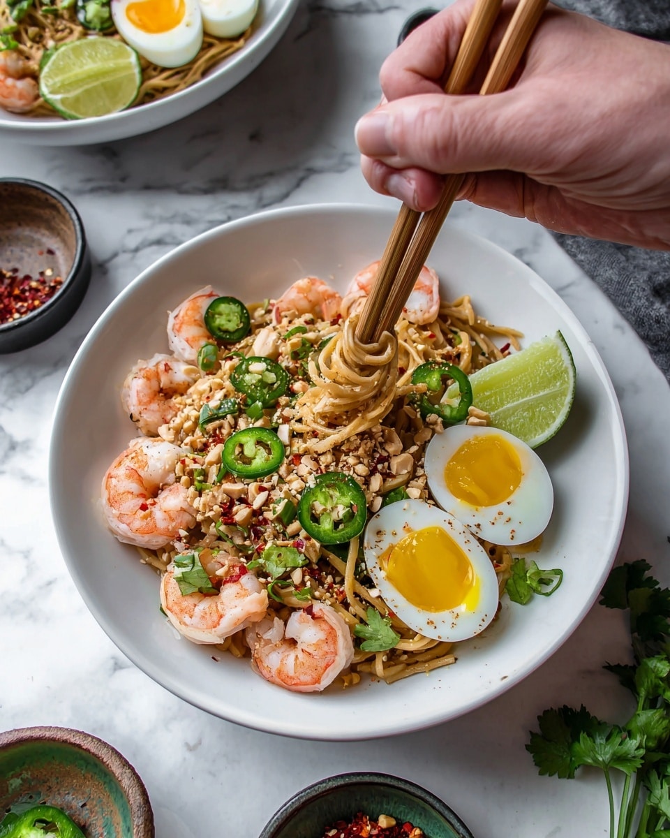 A white plate filled with a base layer of thin noodles mixed with shredded orange carrots and green herbs, topped with three large pinkish-orange shrimp arranged around the edges. In the center, there is a soft boiled egg cut open, revealing a bright yellow runny yolk flowing out. Scattered on top are slices of green jalapeño and crushed peanuts, adding texture and color contrast. Black sesame seeds are sprinkled lightly throughout, and a pair of brown chopsticks rests along the back edge of the plate. The plate sits on a white marbled surface. photo taken with an iphone --ar 4:5 --v 7
