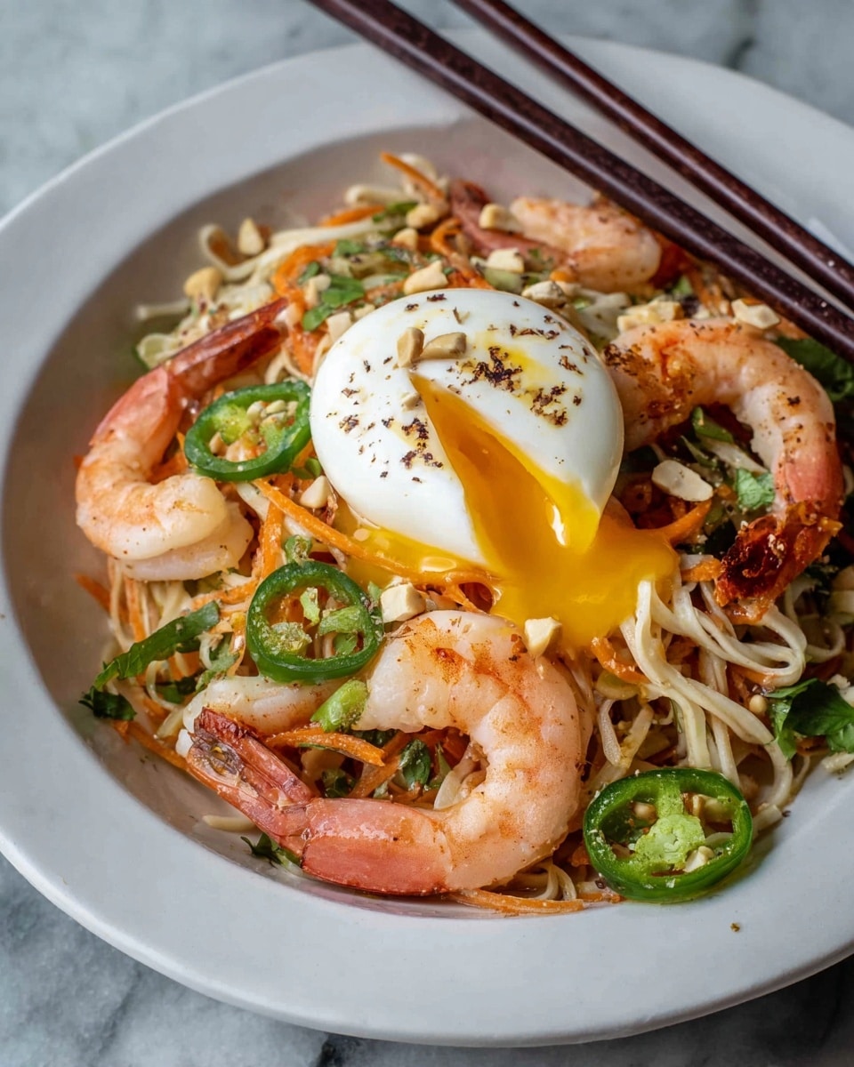 The image shows a white plate with a mound of noodles mixed with small bits of crushed peanuts and thin carrot strips as the base layer. On top of this, there are four pink and white cooked shrimp placed evenly around the noodles. Slices of green jalapeño and chopped green onions are scattered across the top layer. Black and white sesame seeds are sprinkled over everything. On top of the plate, a pair of light brown wooden chopsticks rest diagonally. In the background, parts of other white plates with similar noodle dishes and small bowls containing green herbs sit on a white marbled surface, along with a few dried red chili peppers scattered nearby. Photo taken with an iphone --ar 4:5 --v 7