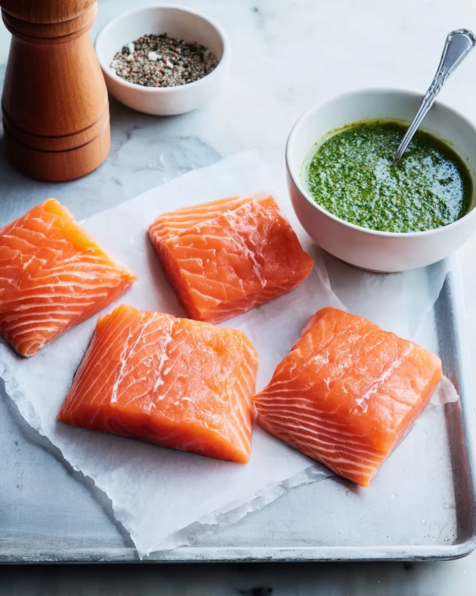 Four bright orange raw salmon pieces with white fat lines lie flat on a square piece of white parchment paper, which is on a metal tray. To the right, a white round bowl holds a green herb sauce with a small silver spoon inside. Above it, a small white bowl contains mixed black and white pepper. Behind the bowls, a wooden pepper grinder stands on a white marbled surface. The photo is taken with an iphone --ar 4:5 --v 7