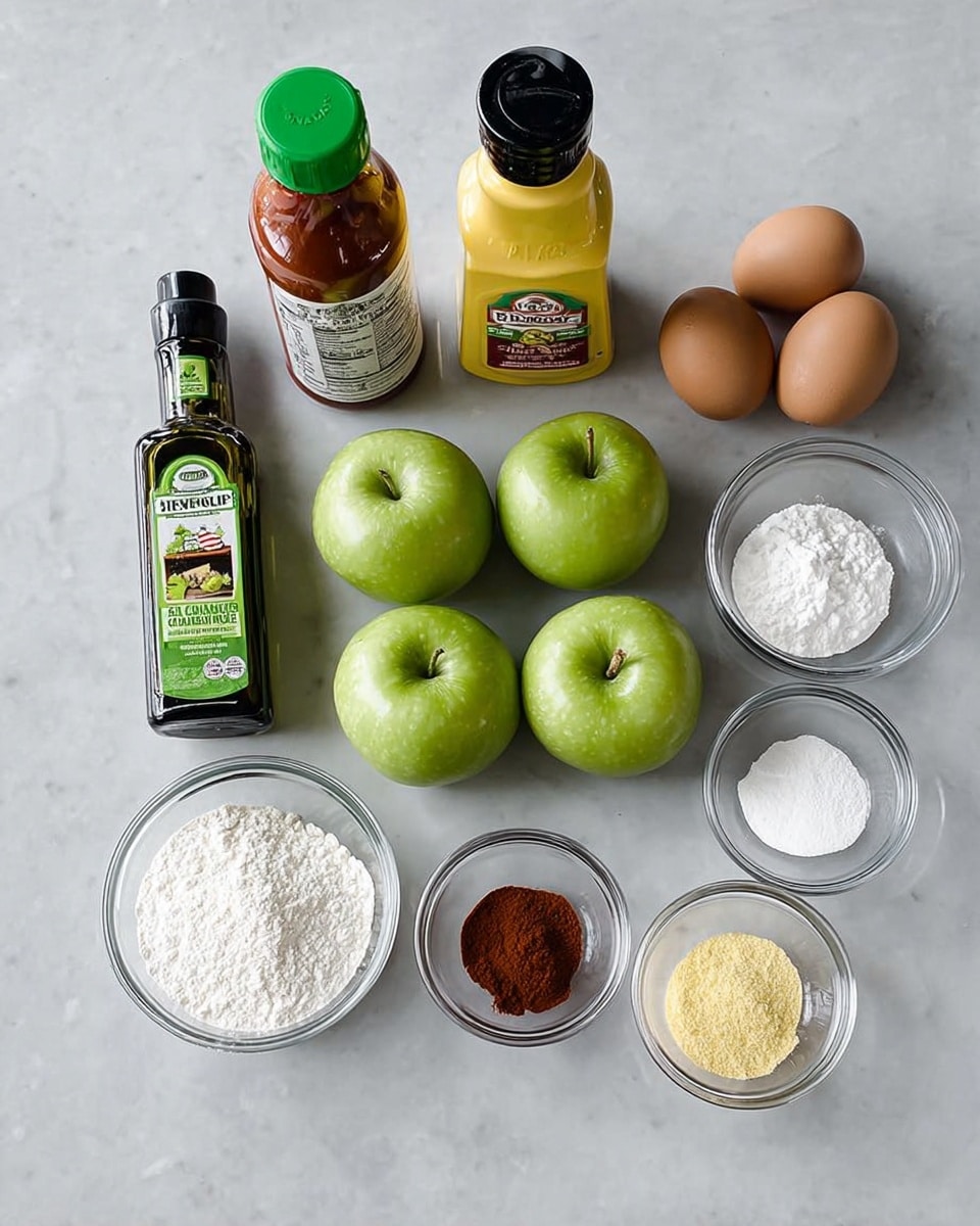 The image shows a group of cooking ingredients arranged neatly on a white marbled surface. At the left, there is a bottle of avocado oil with a green cap, next to a small bottle of hot sauce with a black cap. To the right, there's a bottle of yellow mustard. In the center, four fresh green apples are placed in a square shape. Next to the apples, there are two clear glass bowls each containing two brown eggs. On the far right, four small clear bowls hold different powders: one with a red spice, one with white flour, one with cornstarch, and one with yellow cornmeal. The whole setup looks clean and organized. photo taken with an iphone --ar 4:5 --v 7