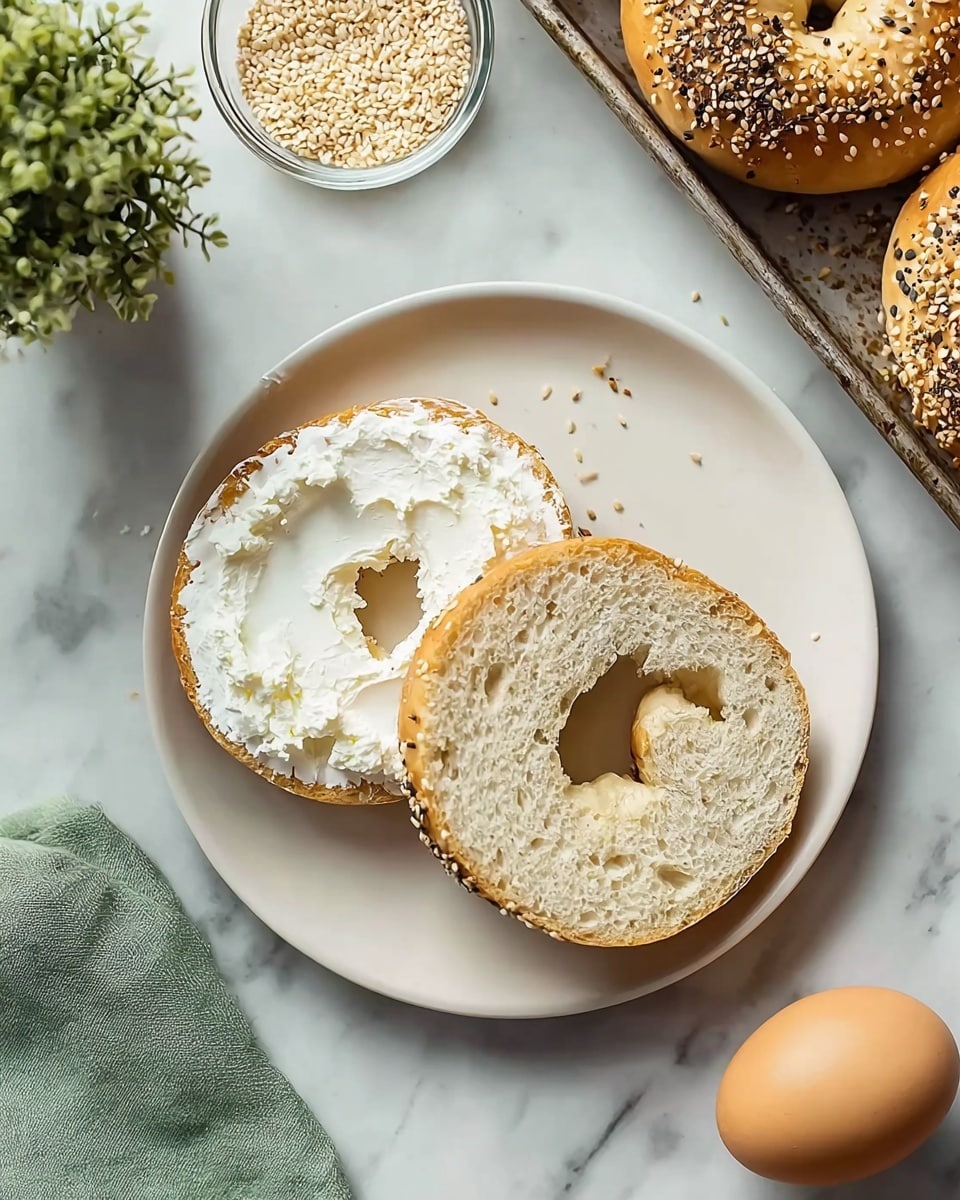 The image shows a white plate with a sliced open bagel on a white marbled surface. The bagel is cut into two halves; the left half is covered with a thick, creamy layer of white spread, while the right half shows the plain inner texture of the bagel with a soft, slightly spongy appearance. Surrounding the plate, there is a small green cloth at the bottom left, a clear bowl of sesame seeds on the left, a light brown egg at the bottom right, a small green potted plant at the top left, and part of a metal baking tray with golden brown sesame seed bagels on the right side. Photo taken with an iphone --ar 4:5 --v 7