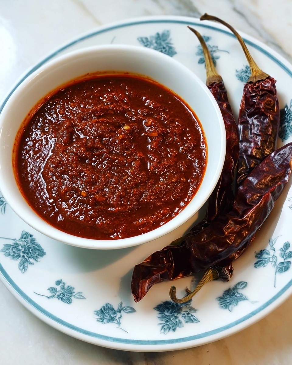 A white bowl filled with thick, dark red sauce with a slightly textured surface sits on a white plate with light blue floral patterns around the edge. Three large dried red chilies with wrinkled skins and varying shades of deep red and dark brown lie on the plate next to the bowl. The plate is placed on a white marbled surface. photo taken with an iphone --ar 4:5 --v 7