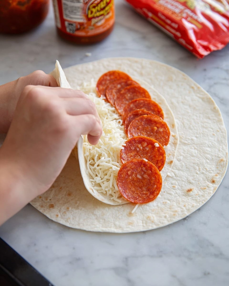 A woman's hand is folding a soft, light beige tortilla that is laid flat on a white marbled surface. Inside the tortilla, there are two distinct layers: the bottom layer is white shredded cheese with a soft and slightly clumpy texture, and on top of it, there is a row of round, orange-red pepperoni slices placed evenly along the edge. In the background, a jar of red pizza sauce and a partially visible red packet can be seen near the tortilla. Photo taken with an iphone --ar 4:5 --v 7