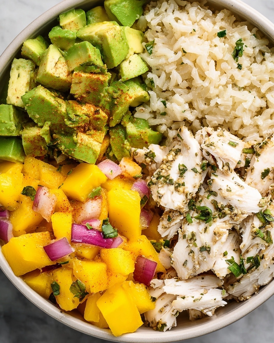 A white bowl with four sections: the top right has light beige cooked rice with small green herb pieces, the top left contains green avocado cubes sprinkled with a reddish spice, the bottom left shows bright yellow mango cubes mixed with small pieces of red onion and green herbs, and the bottom right holds white cooked chicken pieces with green herb bits and pepper seasoning. The bowl rests on a white marbled surface. photo taken with an iphone --ar 4:5 --v 7