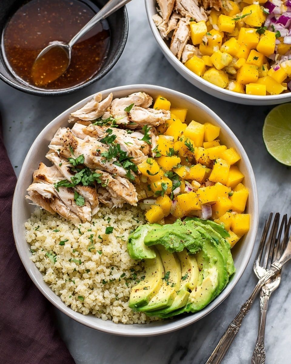 The image shows a bowl with four distinct layers. At the bottom left, there is light beige textured cauliflower rice sprinkled with green herbs. Next to it on the bottom right is a layer of bright green avocado chunks with some black pepper on top. Above the avocado is a pile of small bright yellow mango cubes mixed with tiny bits of purple onion and green herbs. To the left of the mango is a layer of sliced cooked chicken that is light brown with some char marks, garnished with fresh green herbs. The bowl is white and placed on a white marbled surface. Two forks lie next to the bowl, and in the background, another similar bowl and a small bowl with a dark reddish sauce with a spoon inside can be seen. Photo taken with an iphone --ar 4:5 --v 7