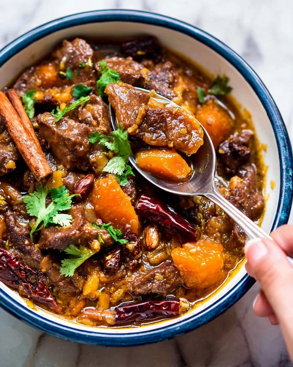 The image shows a close-up of a rich stew in a white bowl with a blue rim, filled with chunks of brown meat, soft orange pieces of fruit or vegetable, and dark red dried chili peppers. The stew looks thick and glossy, with visible small pieces of herbs like fresh green cilantro leaves scattered on top. There is also a cinnamon stick partially submerged in the stew. A shiny silver spoon is scooping some stew from the bowl, and a woman's hand is holding the spoon, ready to serve. The background surface is a white marbled texture photo taken with an iphone --ar 4:5 --v 7